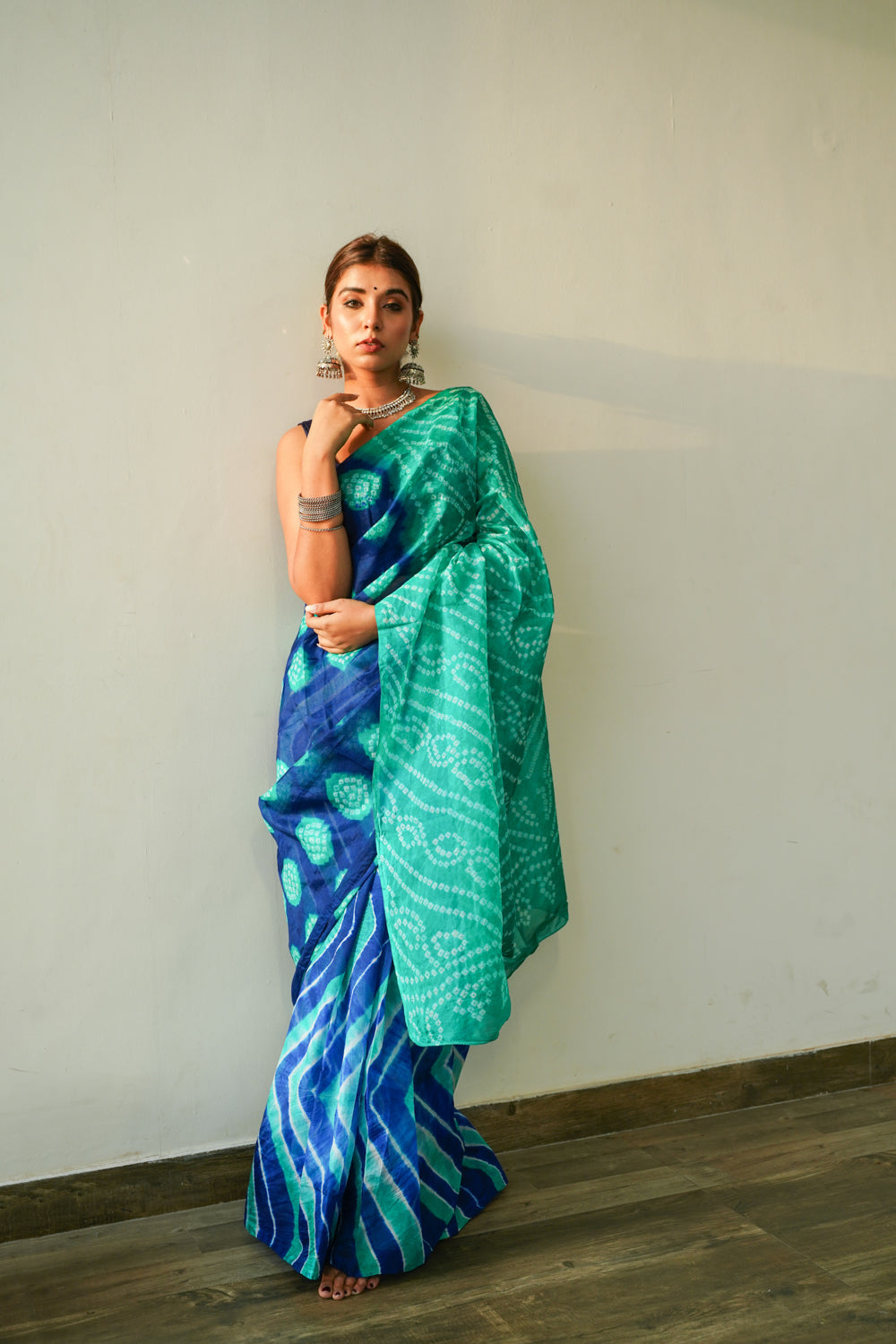 Women's Peacock Blue Green Leheriya Saree - Nangalia Ruchira