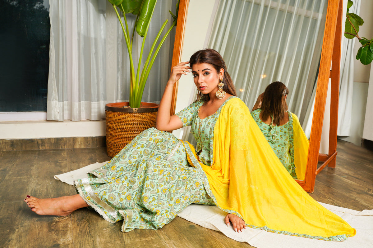 Women's Mint Yellow Gotta Lace Sharara Set - (Set Of 3) - Nangalia Ruchira