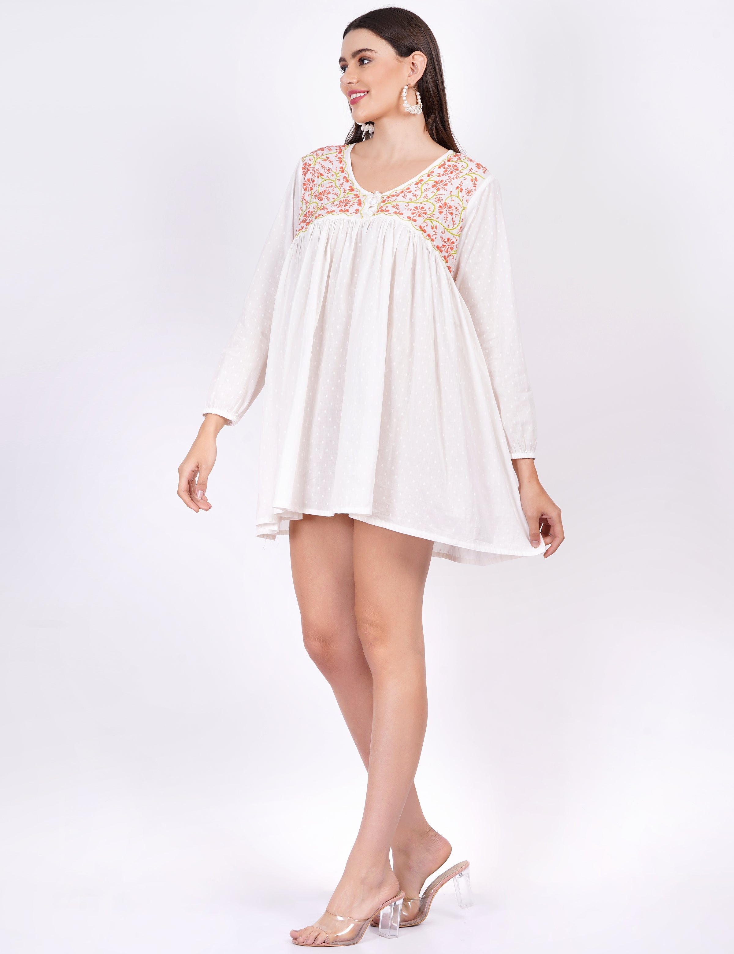 Women's White Dobby Cotton Chikankari Dress
