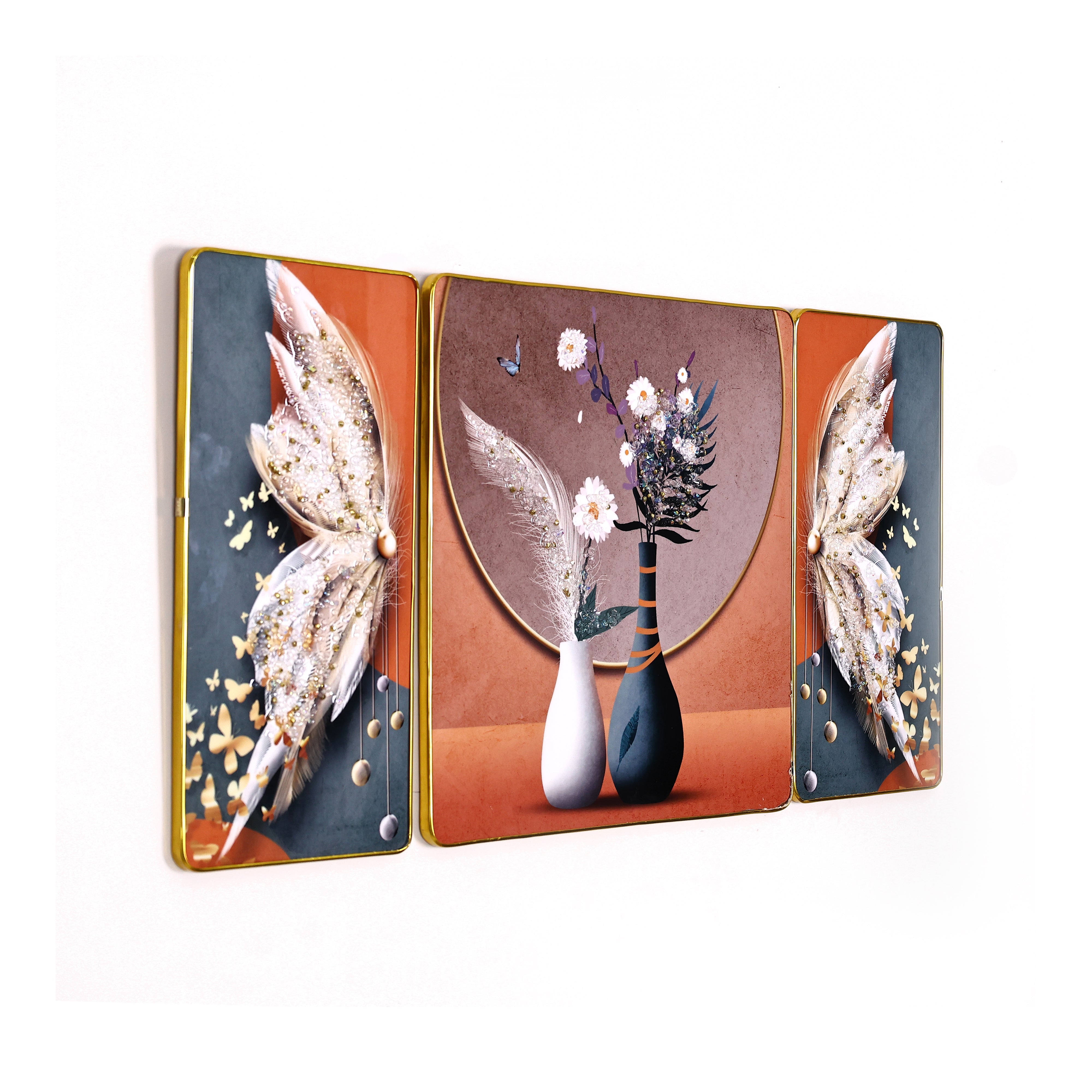 Crystal-Embellished Floral Grace and Feathered Elegance Resin Wall Hanging—Set of 3