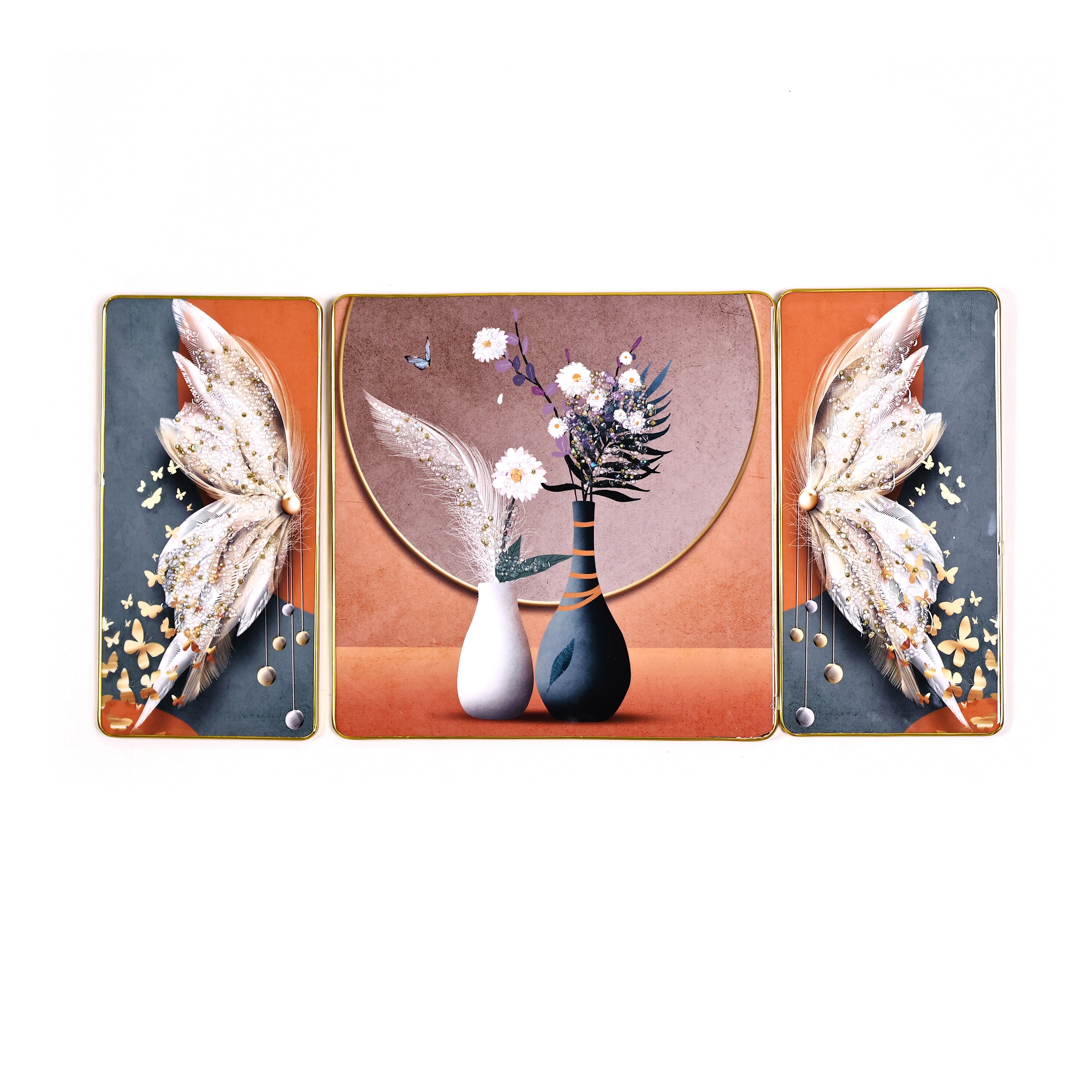 Crystal-Embellished Floral Grace and Feathered Elegance Resin Wall Hanging—Set of 3