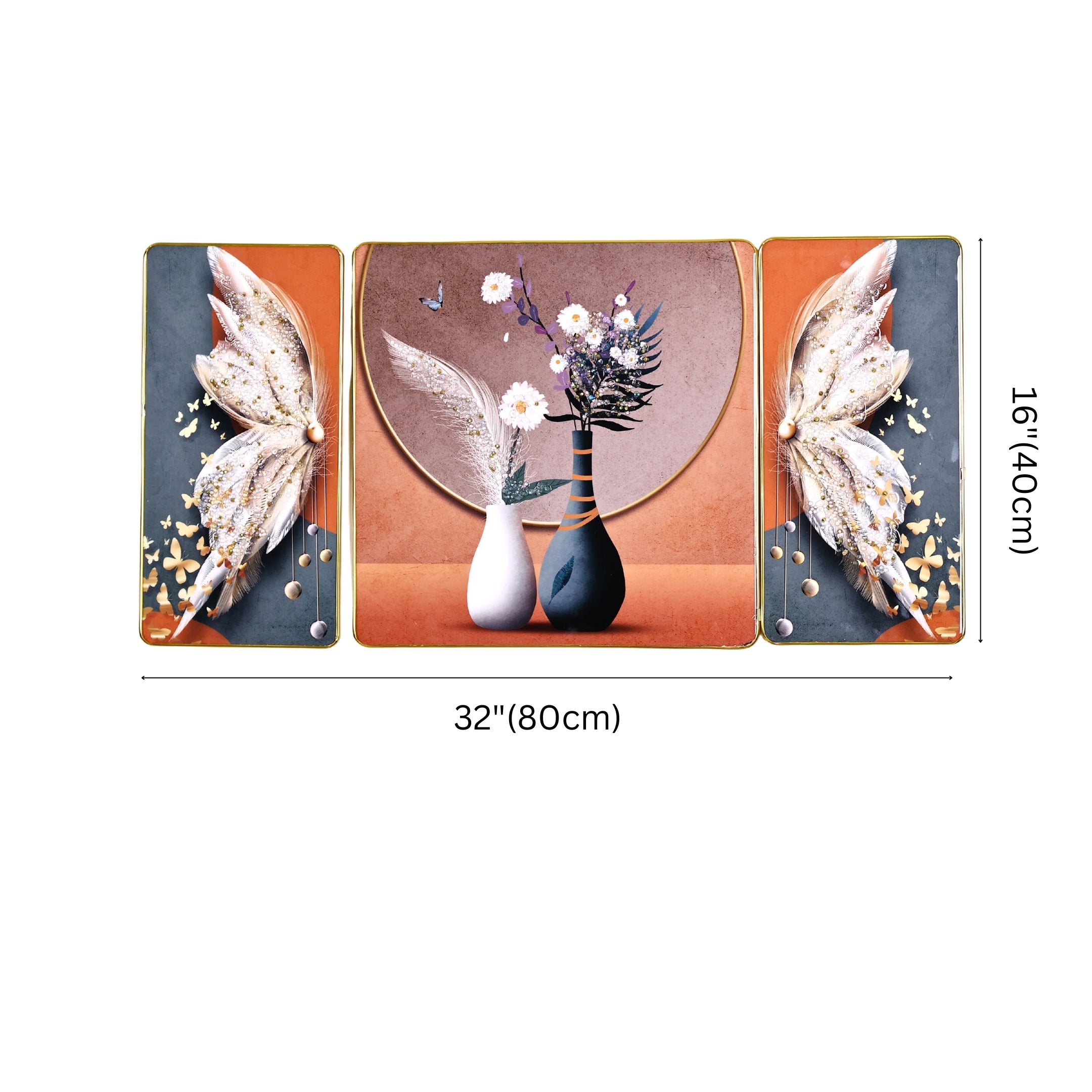 Crystal-Embellished Floral Grace and Feathered Elegance Resin Wall Hanging—Set of 3