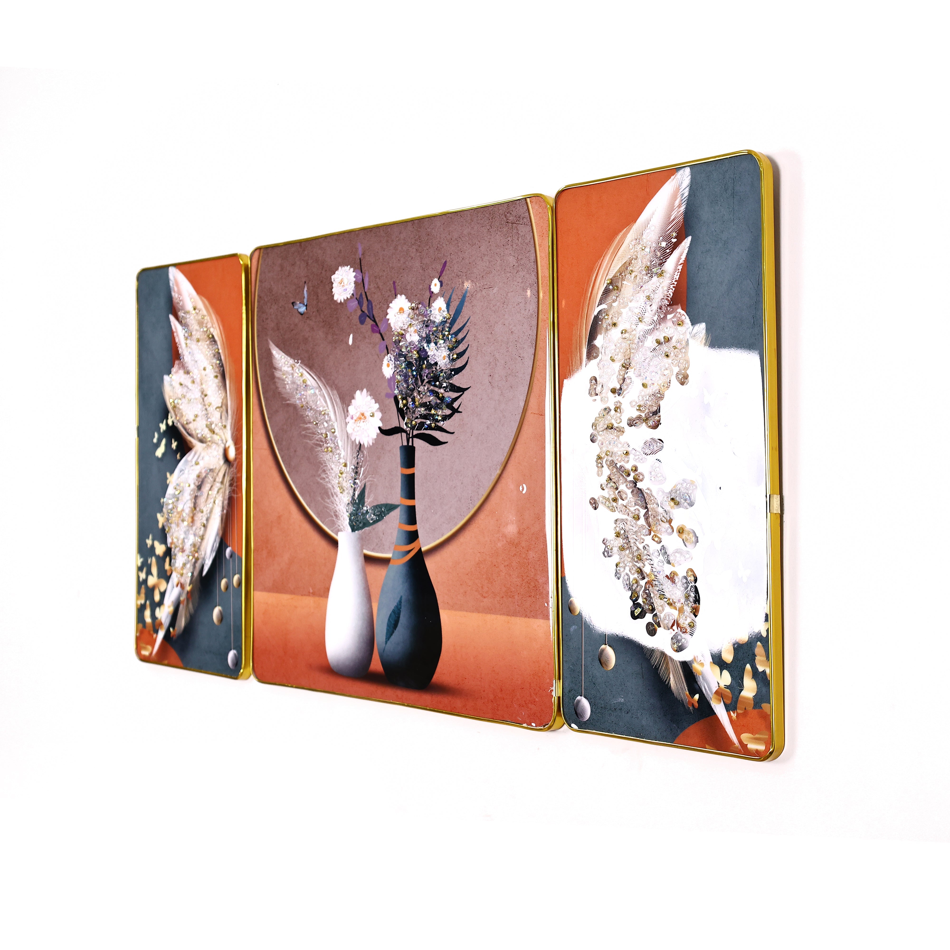 Crystal-Embellished Floral Grace and Feathered Elegance Resin Wall Hanging—Set of 3