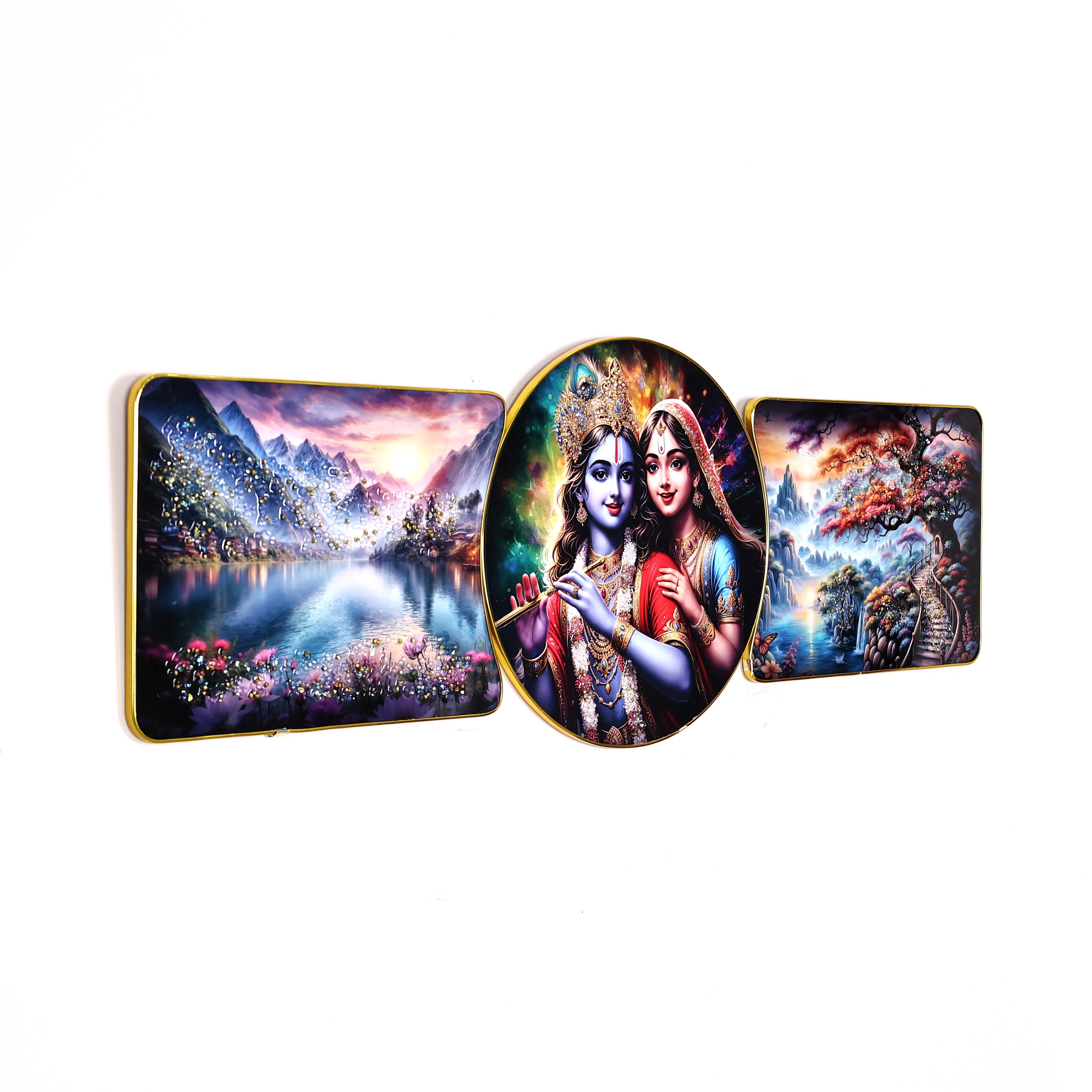 Crystal-Embellished Radha Krishna Resin Wall Hanging—Set of 3