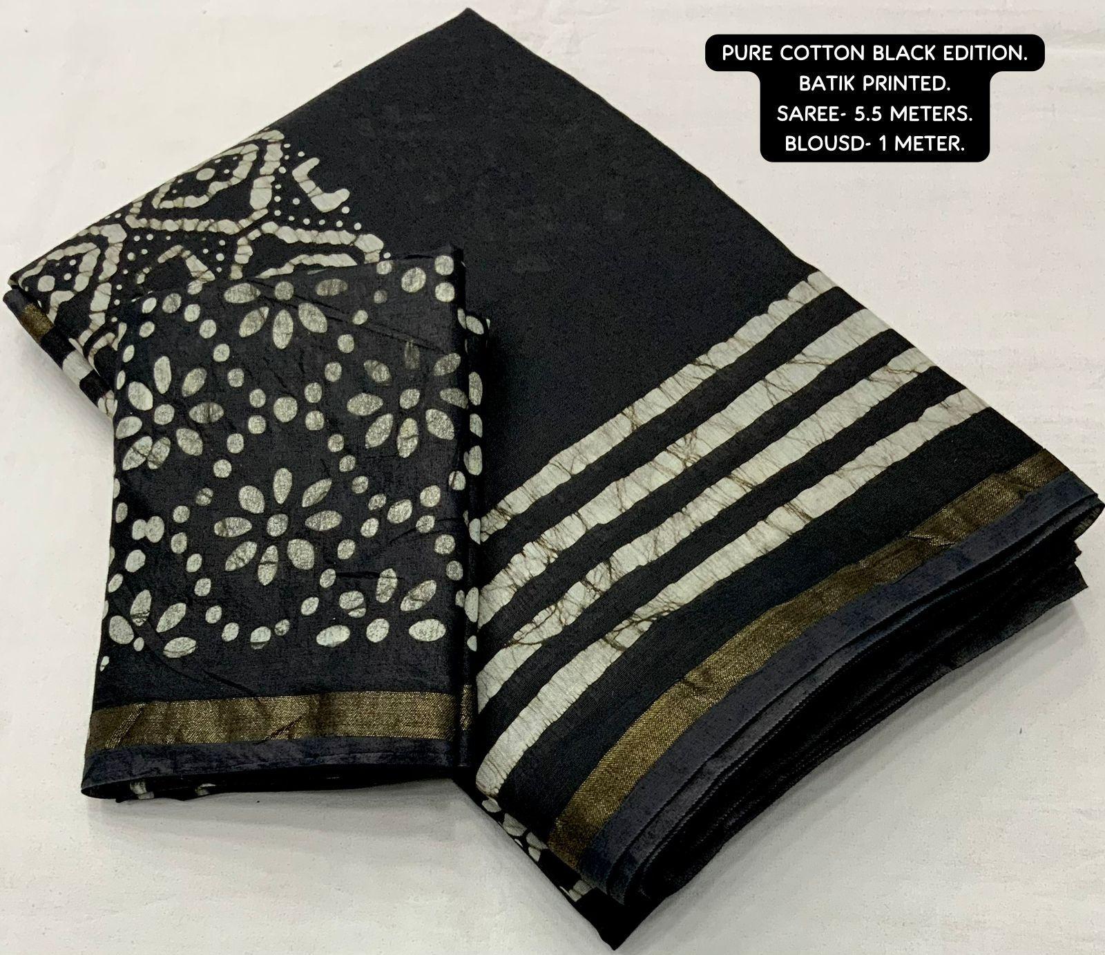 Women's Black Soft Pure Cotton Saree With Blouse - A2M