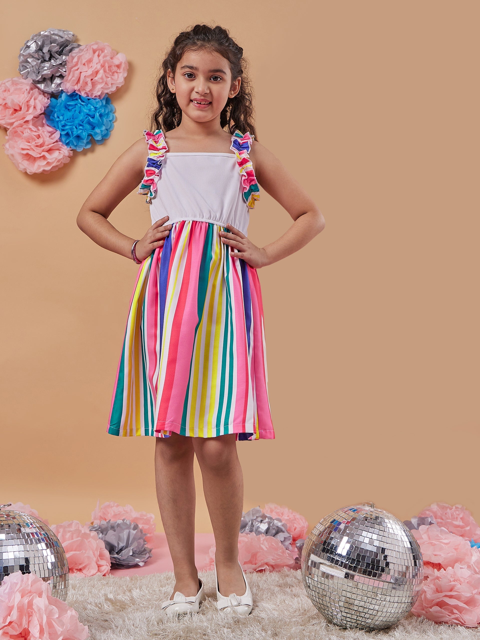 Girls Striped Shoulder Straps Fit Flare Dress - PS Peaches