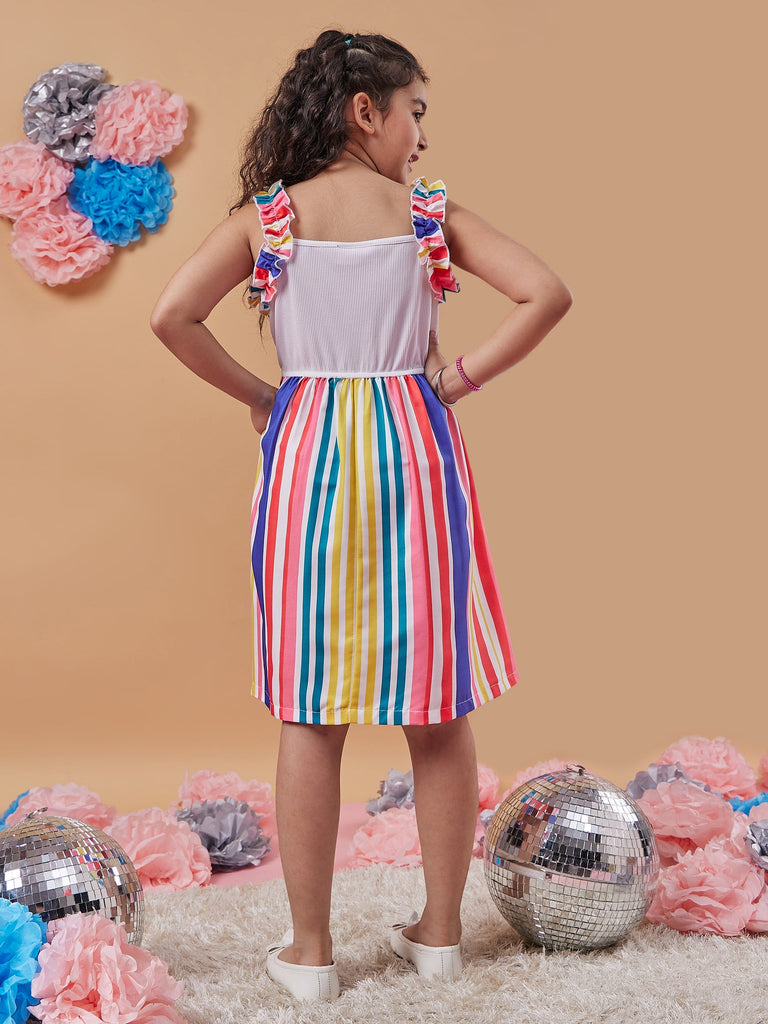 Girls Striped Shoulder Straps Fit Flare Dress