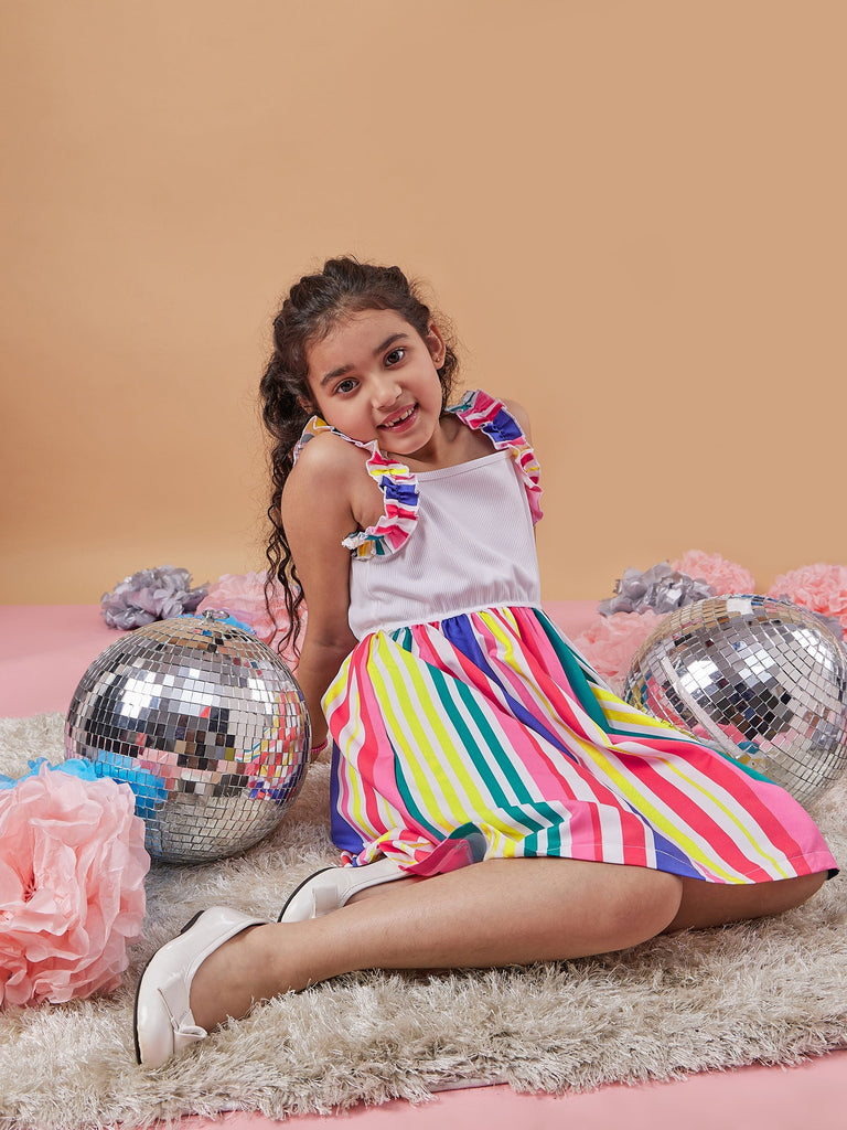 Girls Striped Shoulder Straps Fit Flare Dress
