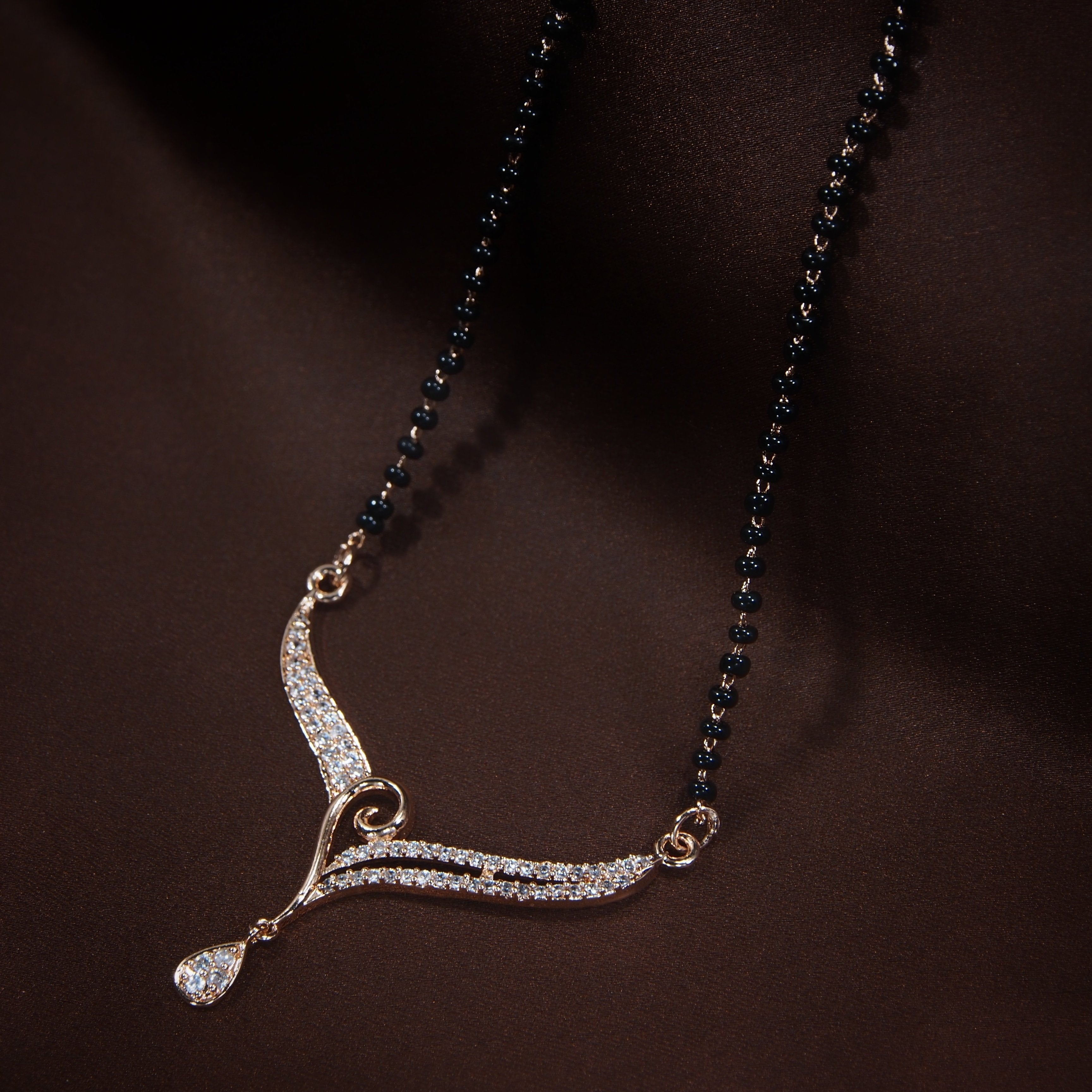 Women's 18k Rose Gold Plated Pendant with Black Bead Chain Mangalsutra