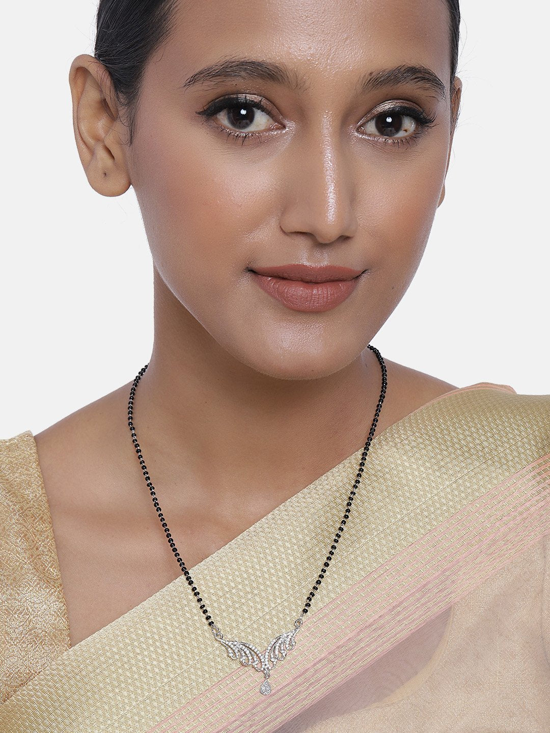 Women's 18k Rhodium Plated Pendant with Black Bead Chain Mangalsutra