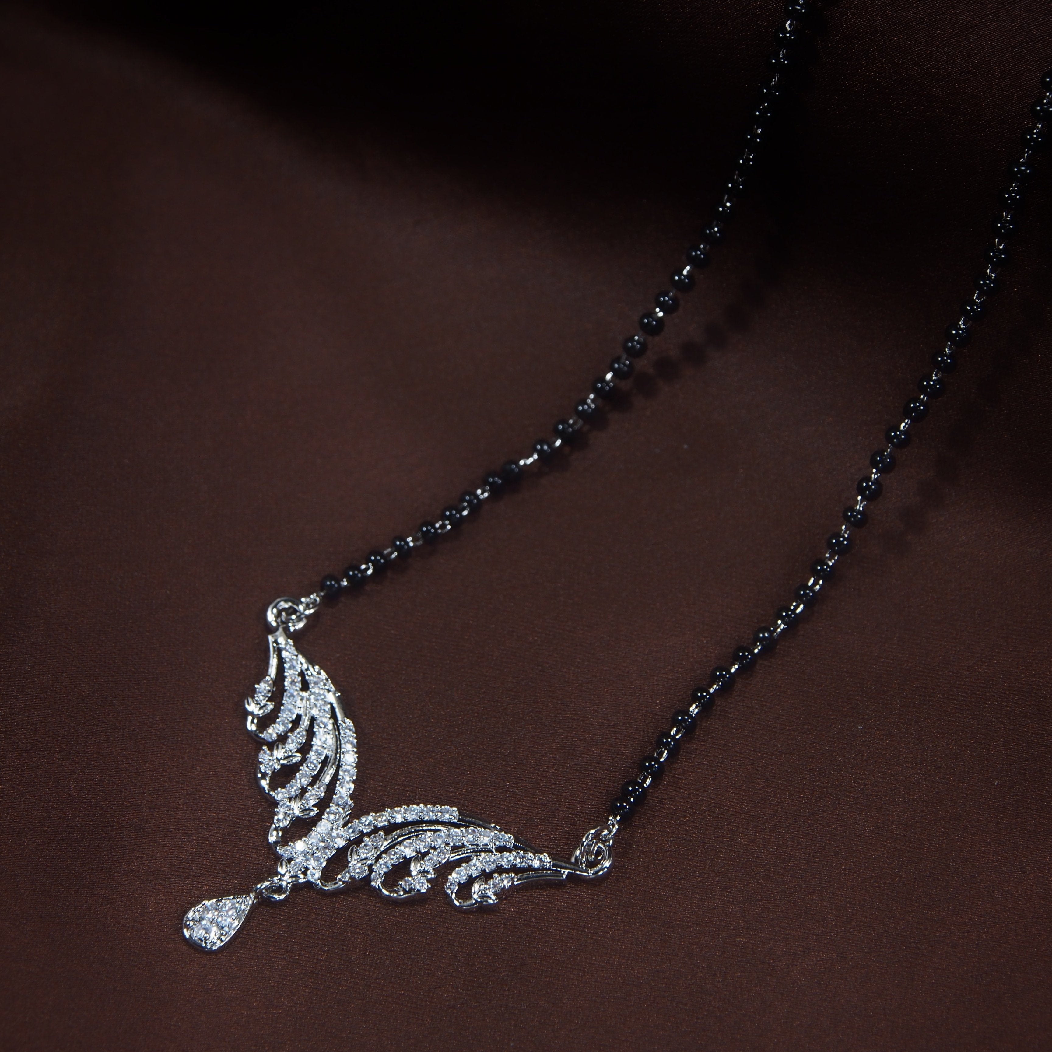 Women's 18k Rhodium Plated Pendant with Black Bead Chain Mangalsutra