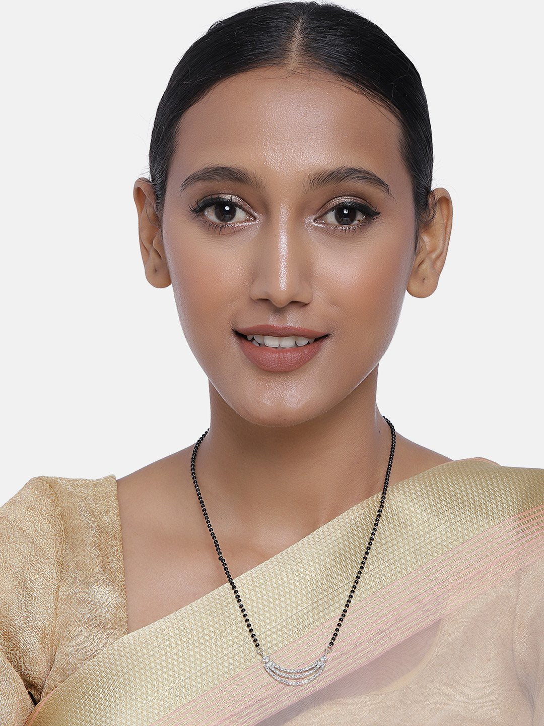 Women's 18k Rhodium Plated Pendant with Black Bead Chain Mangalsutra