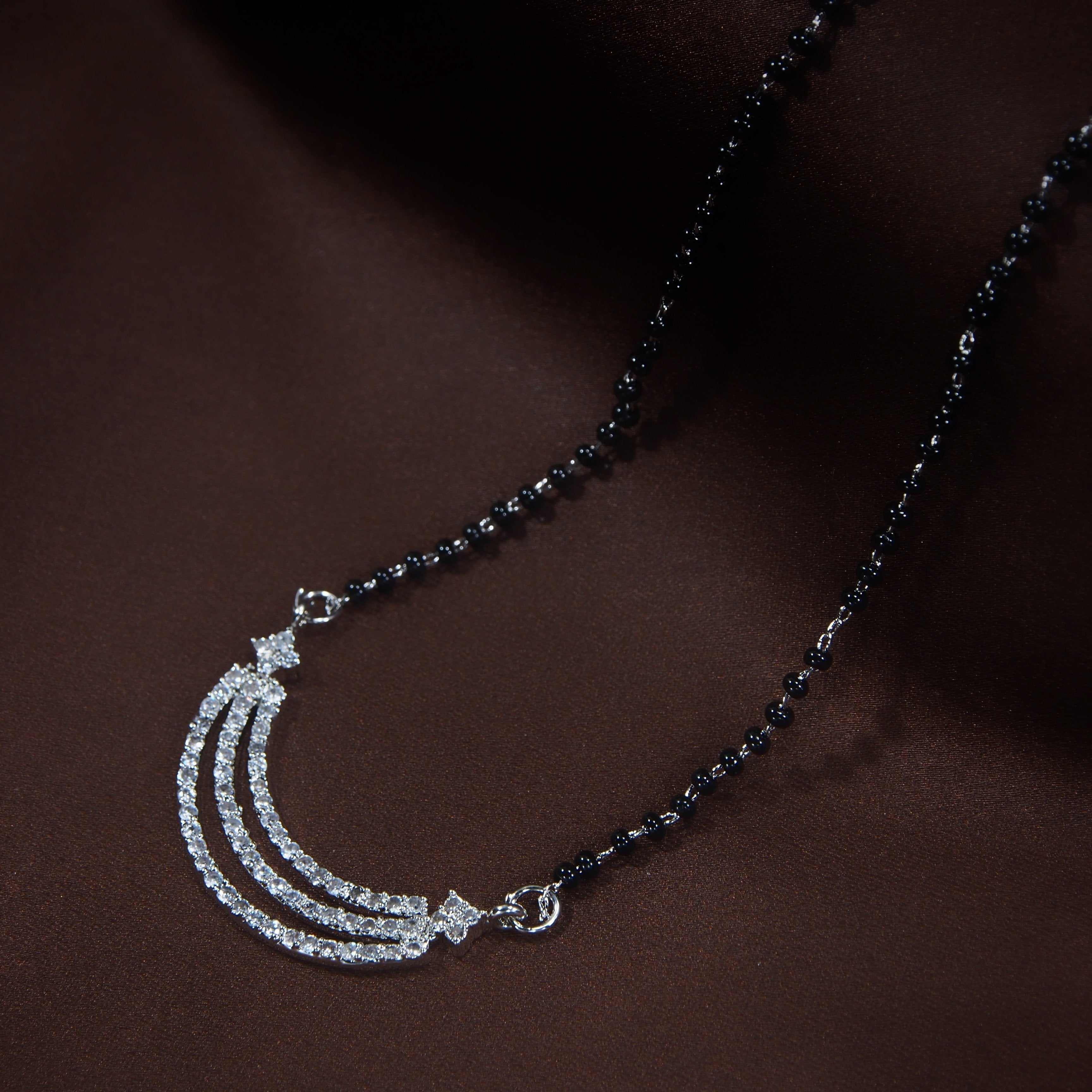 Women's 18k Rhodium Plated Pendant with Black Bead Chain Mangalsutra