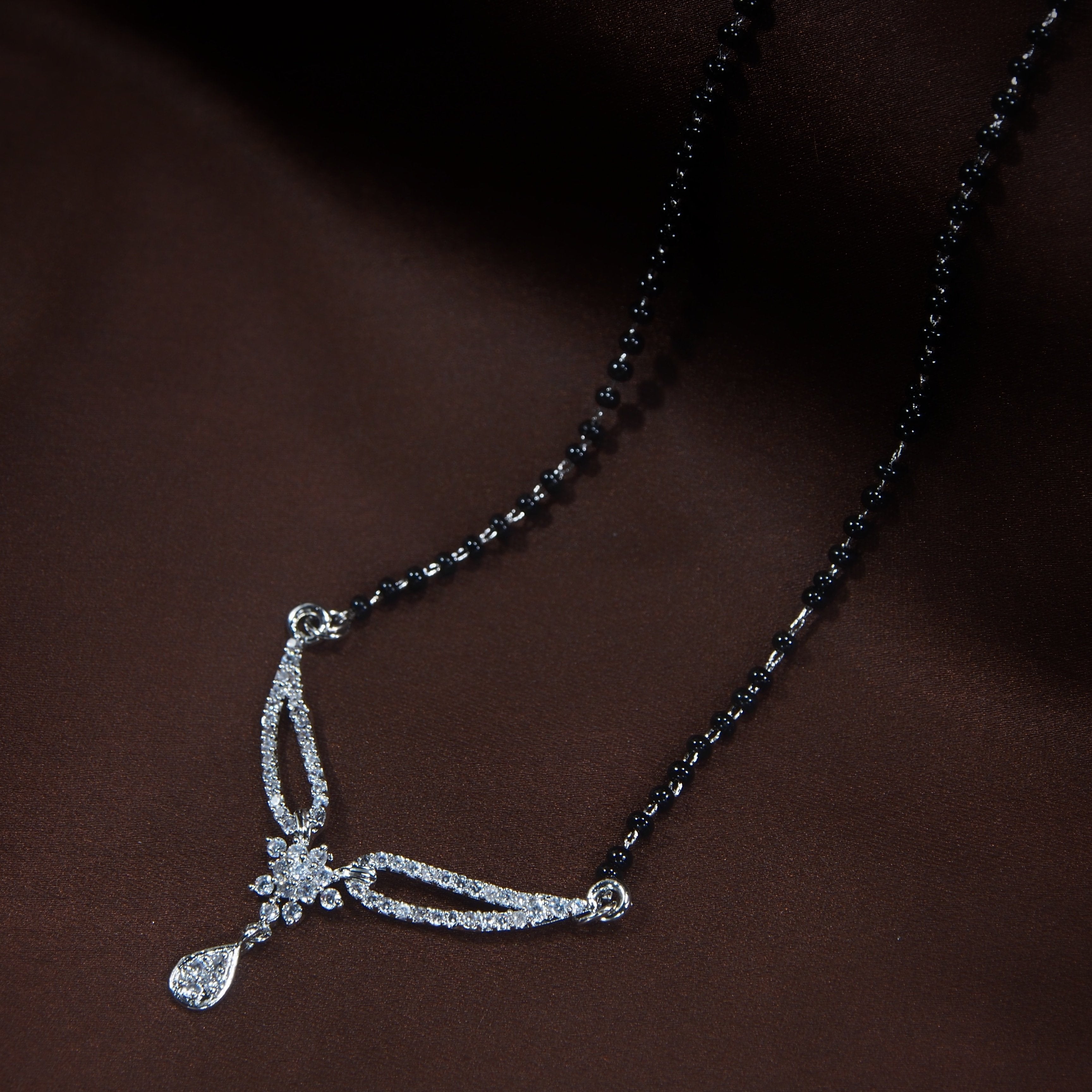 Women's 18k Rhodium Plated Pendant with Black Bead Chain Mangalsutra