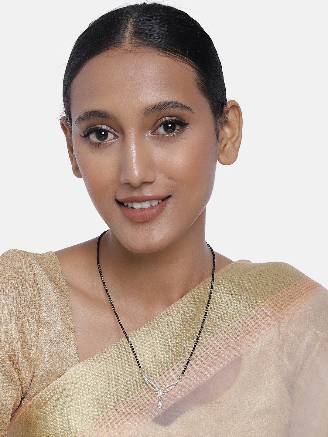 Women's 18k Rhodium Plated Pendant with Black Bead Chain Mangalsutra