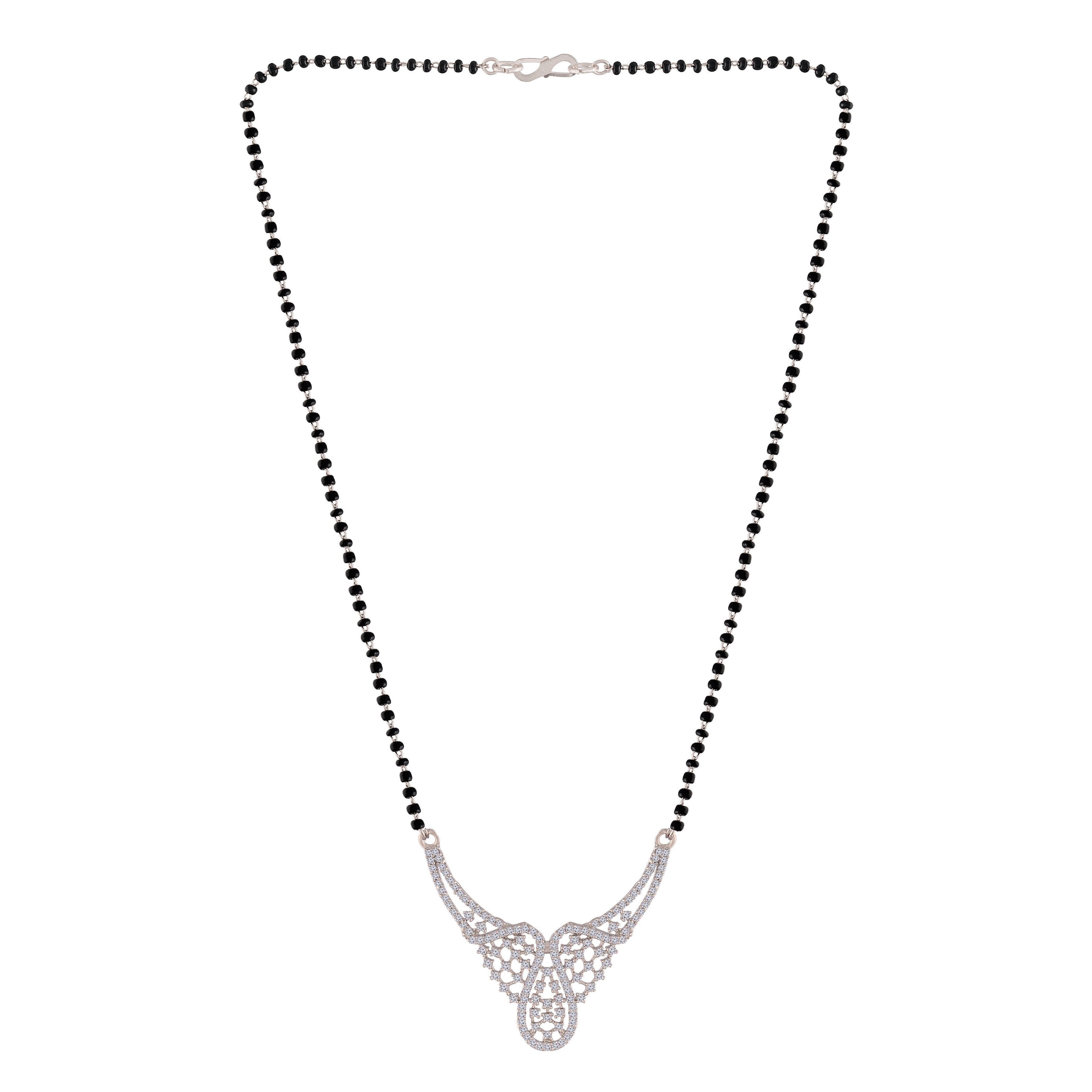 Women's 18k Rhodium Plated Pendant with Black Bead Chain Mangalsutra