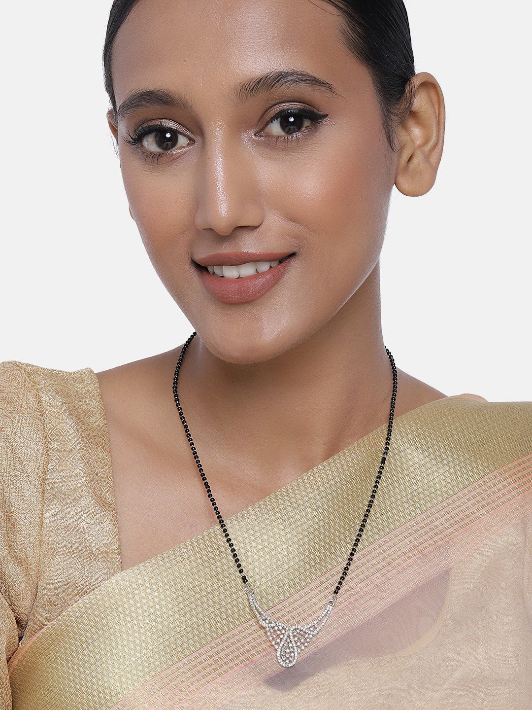 Women's 18k Rhodium Plated Pendant with Black Bead Chain Mangalsutra