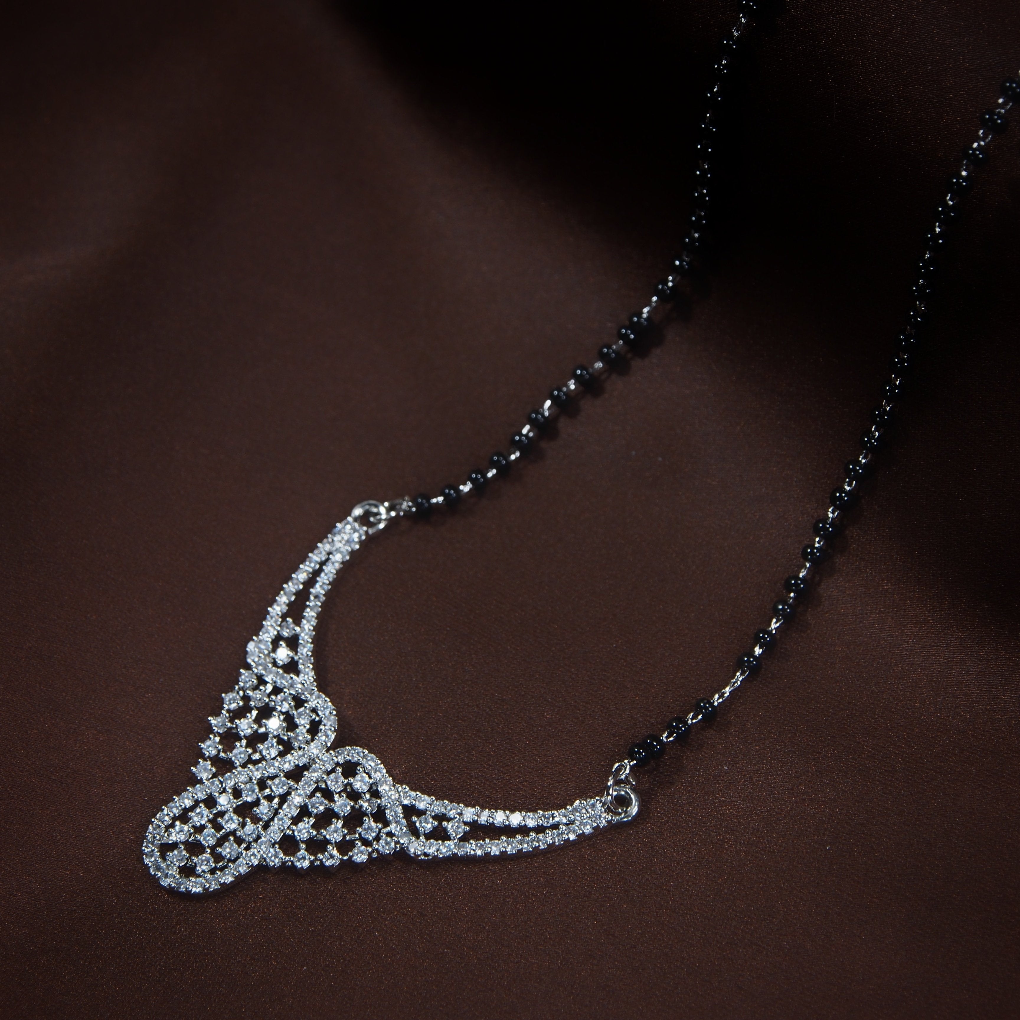 Women's 18k Rhodium Plated Pendant with Black Bead Chain Mangalsutra