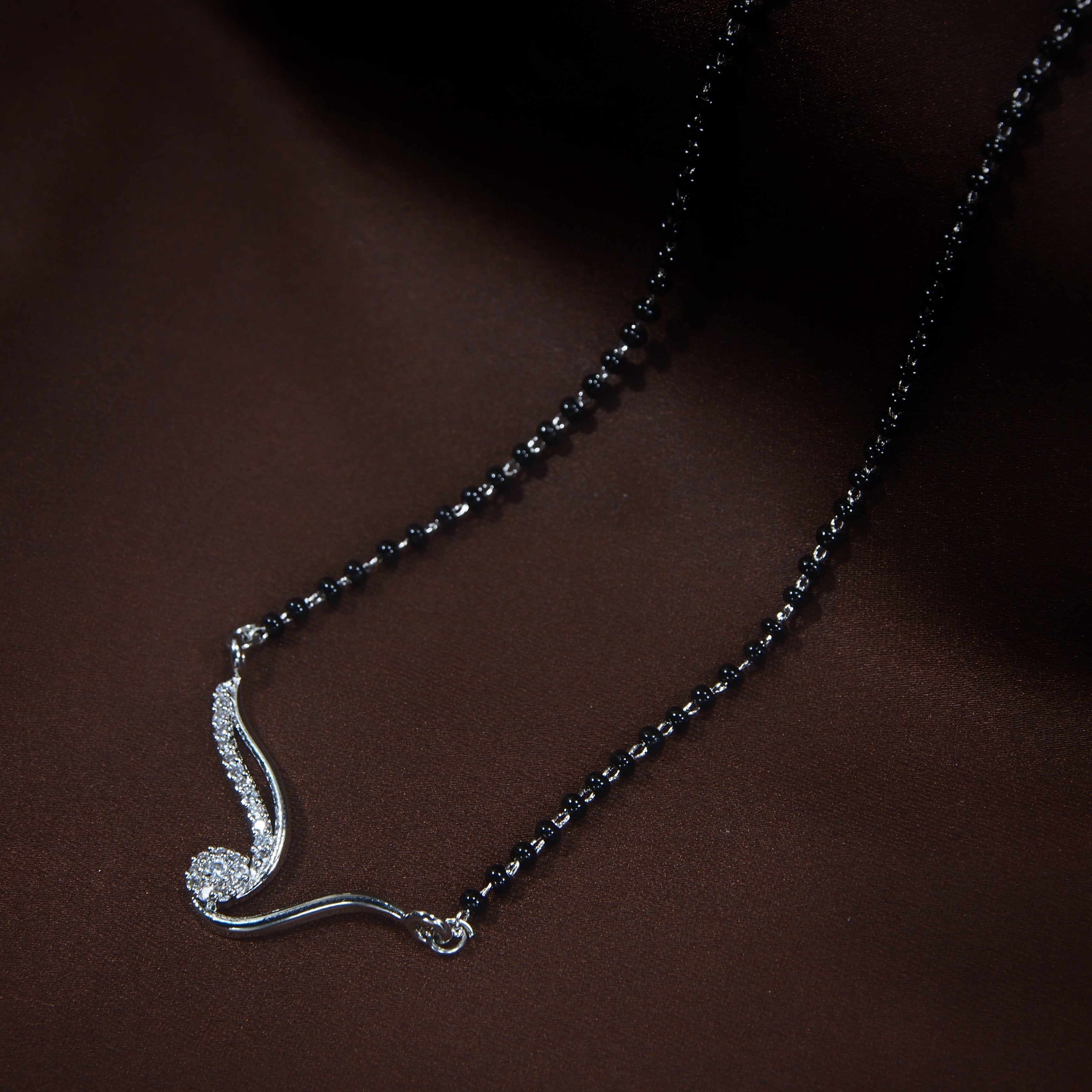 Women's 18k Rhodium Plated Pendant with Black Bead Chain Mangalsutra