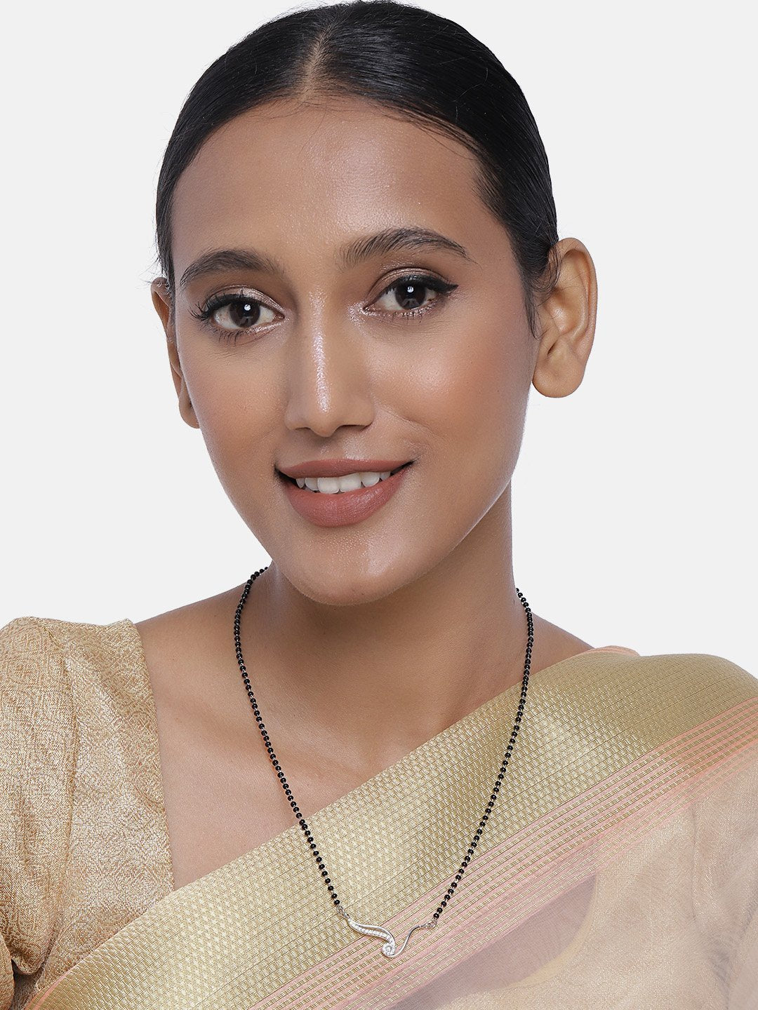Women's 18k Rhodium Plated Pendant with Black Bead Chain Mangalsutra