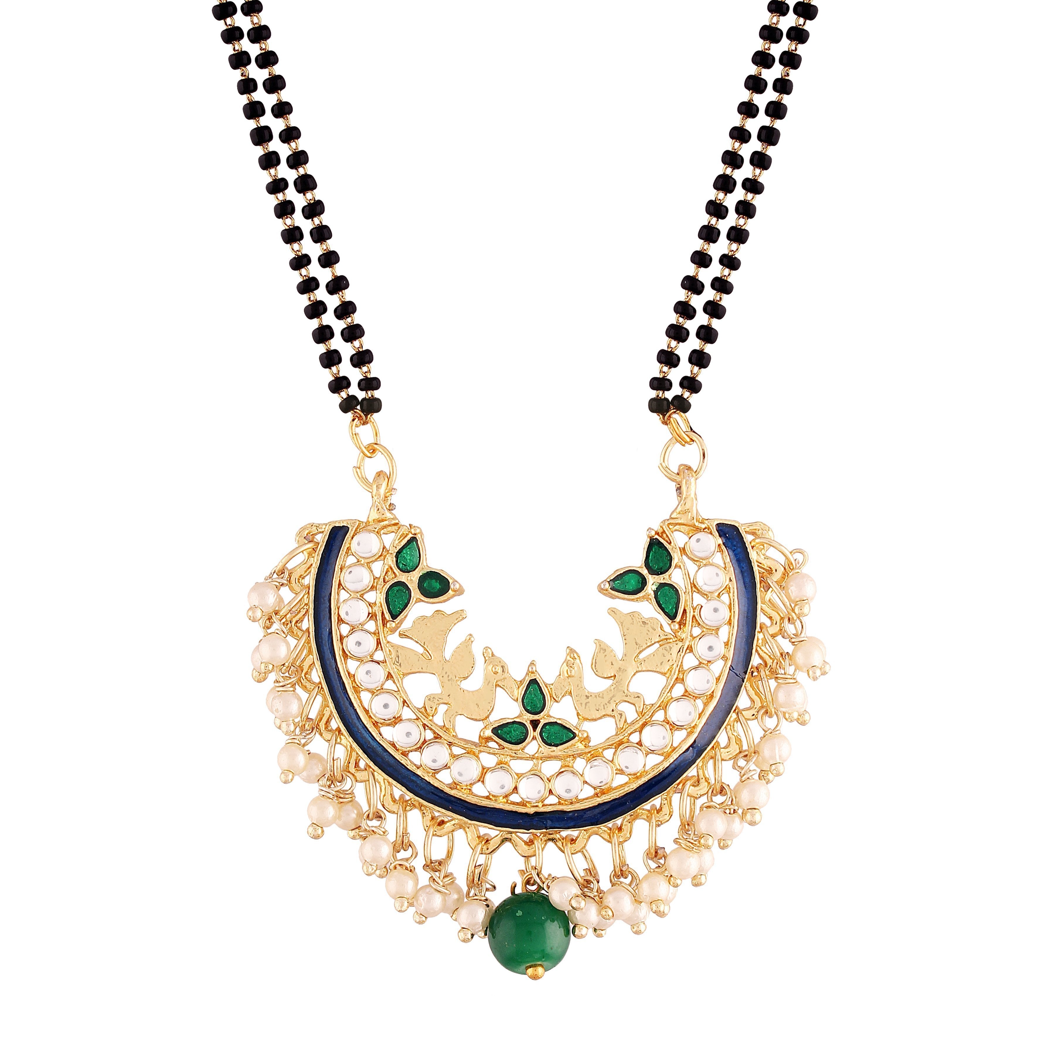 Women's 18k Gold Plated Traditional Meena Work Pearl Studded Pendant Mangalsutra