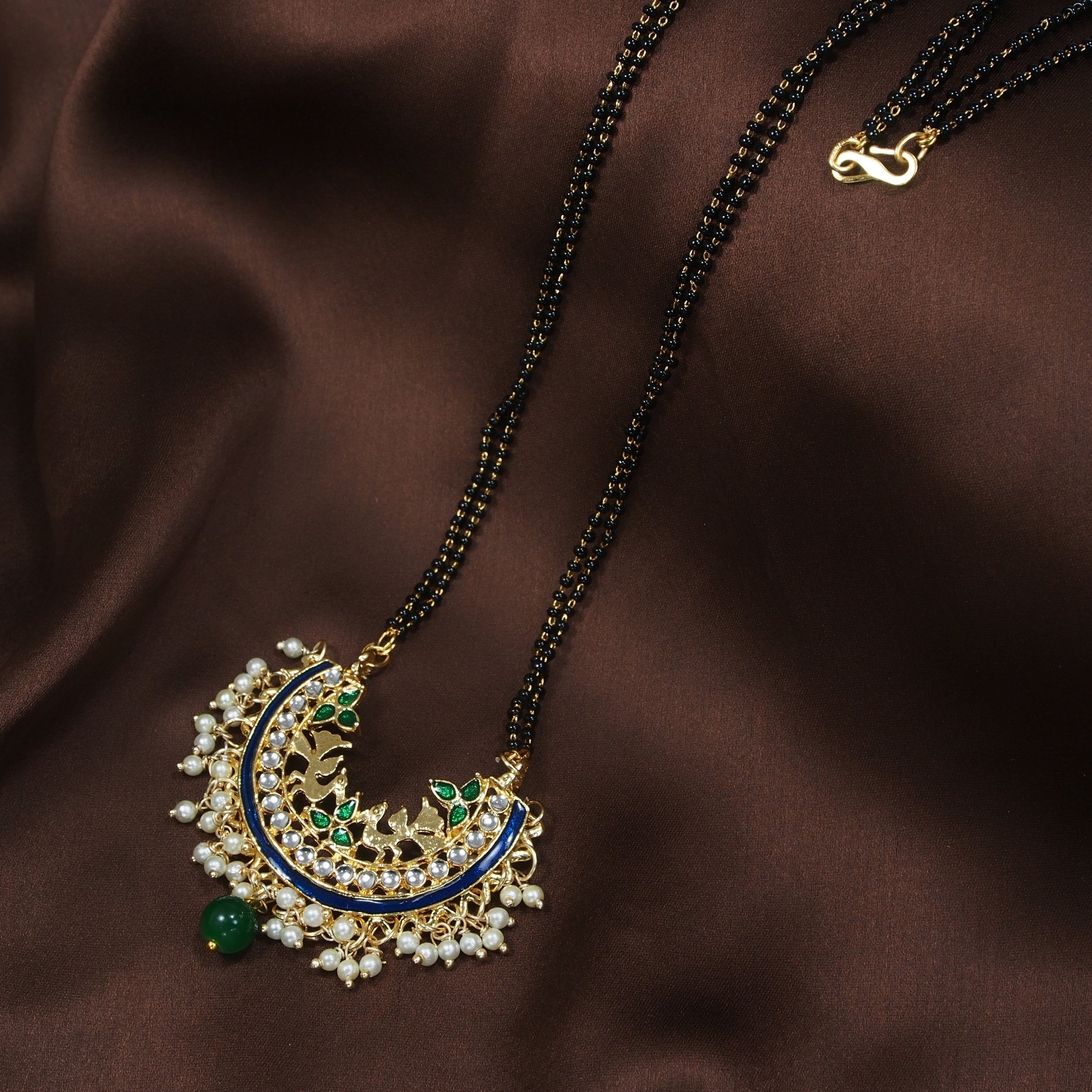 Women's 18k Gold Plated Traditional Meena Work Pearl Studded Pendant Mangalsutra