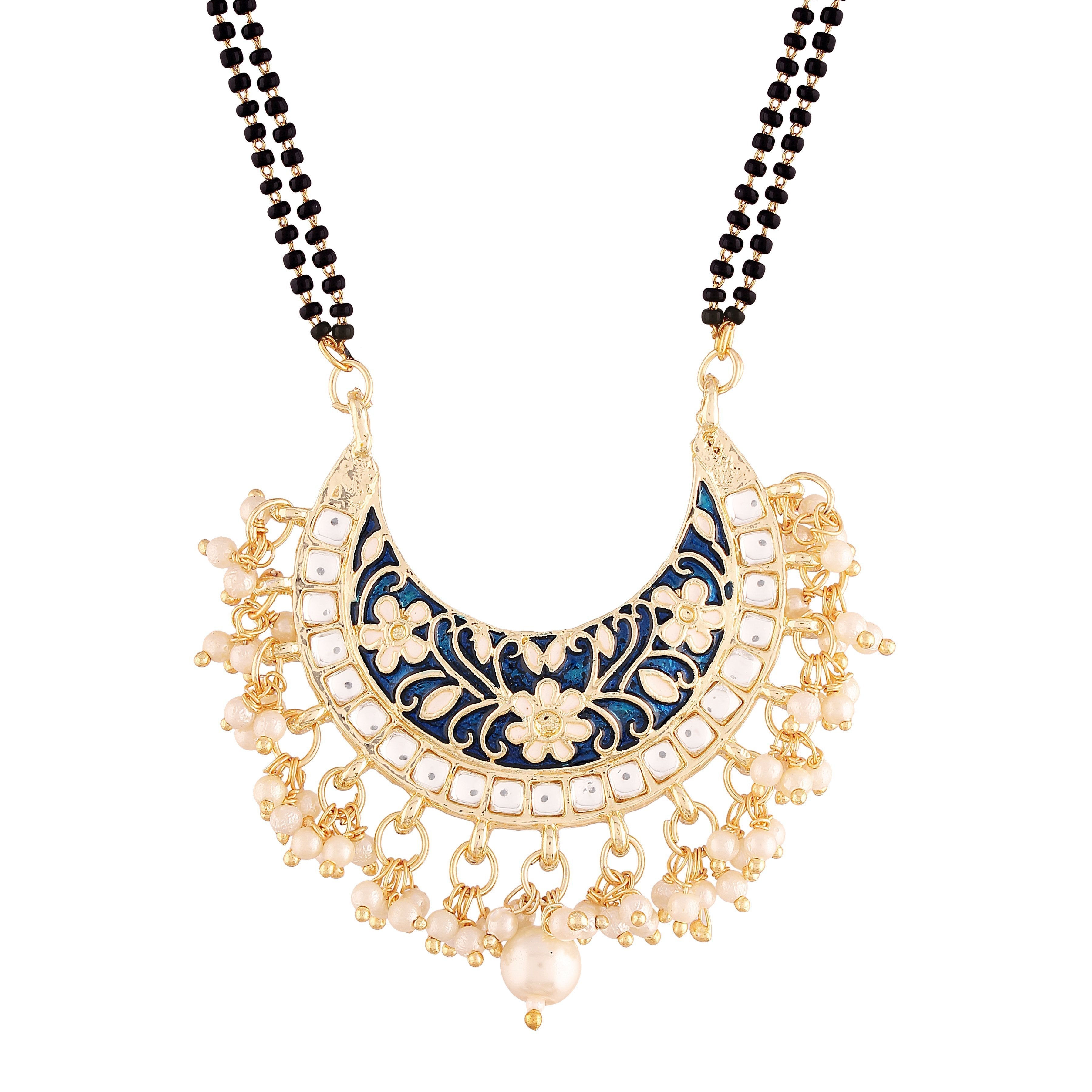 Women's 18k Gold Plated Traditional Meena Work Pearl Studded Pendant Mangalsutra