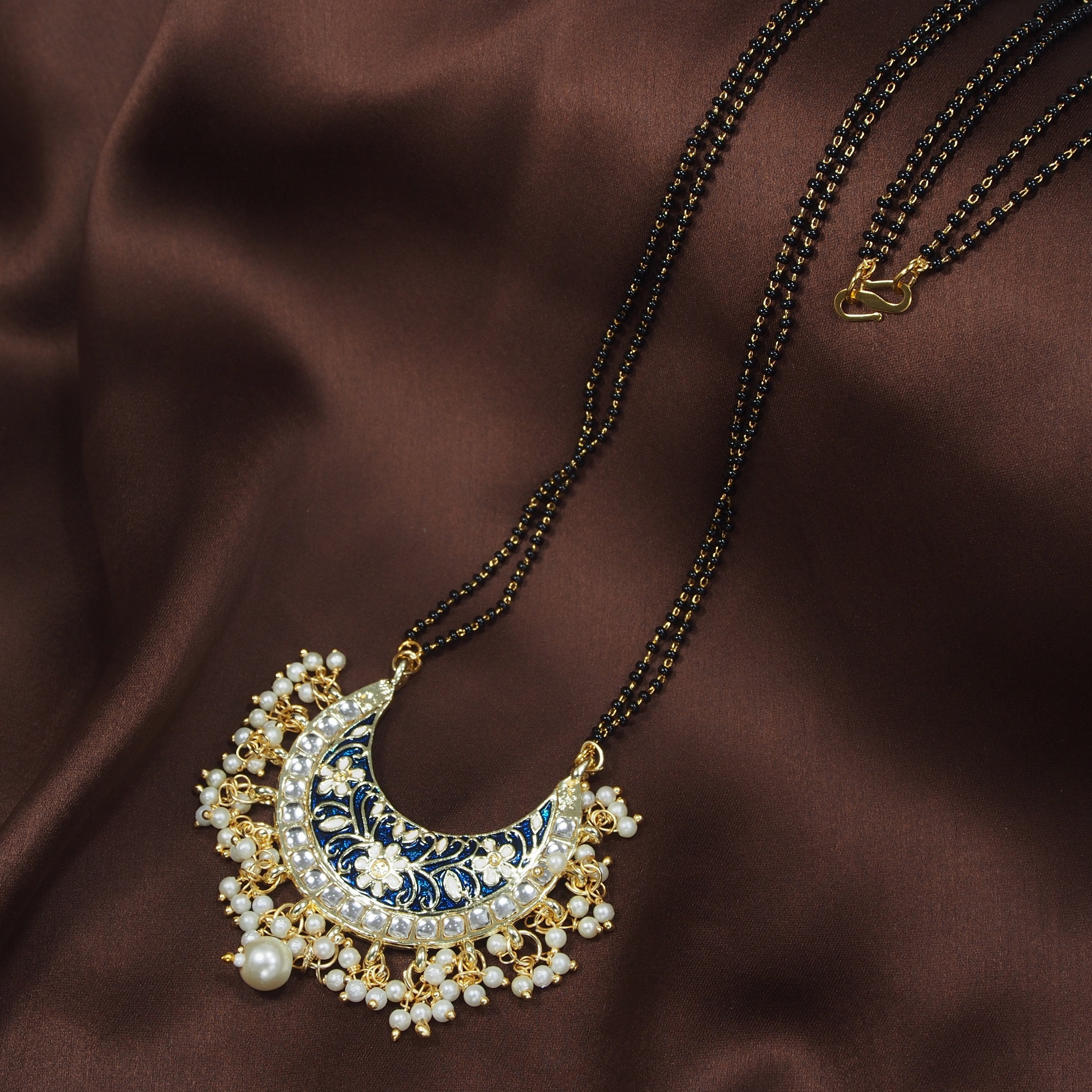 Women's 18k Gold Plated Traditional Meena Work Pearl Studded Pendant Mangalsutra
