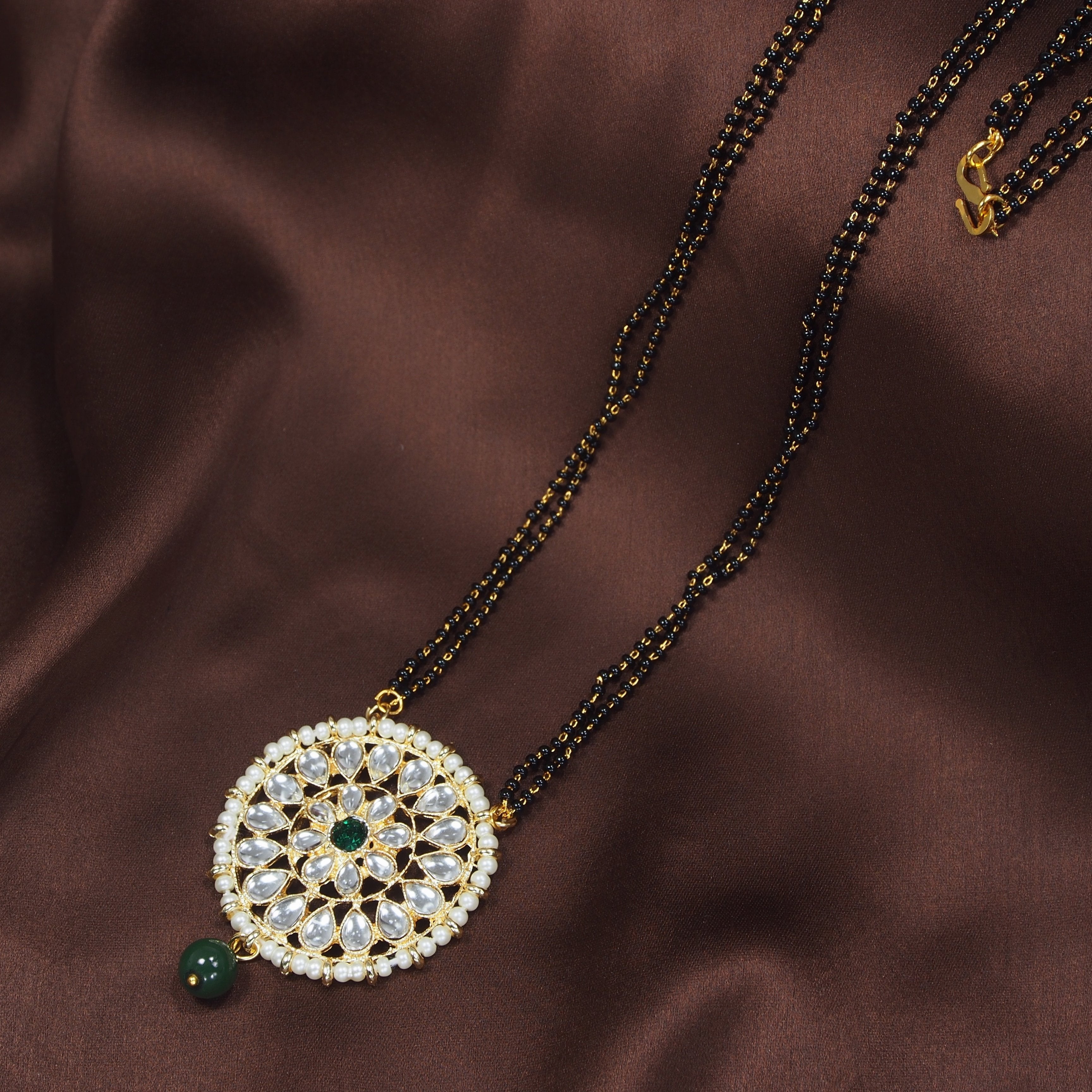 Women's 18k Gold Plated Traditional Pearl Kundan Studded Pendant Mangalsutra