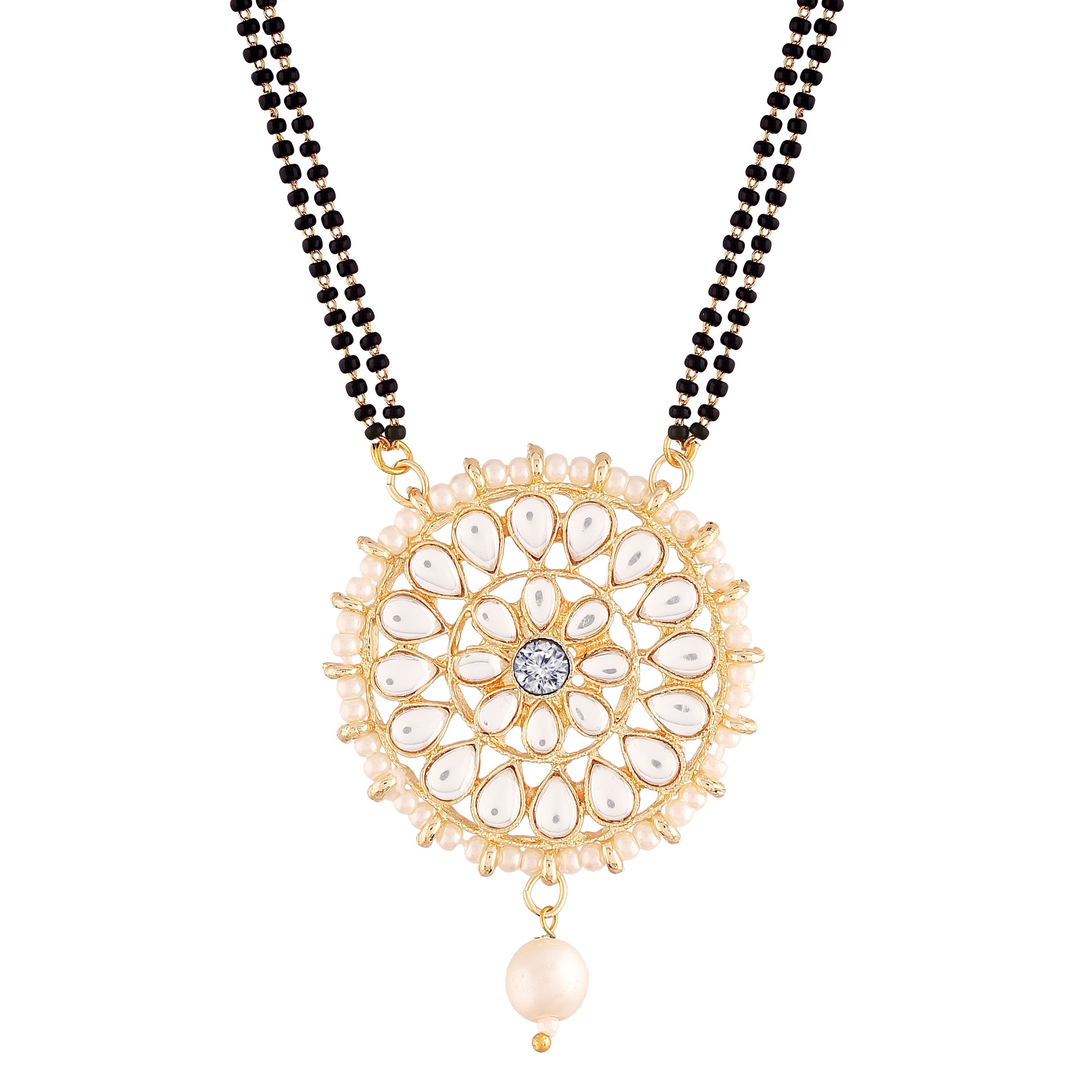 Women's 18k Gold Plated Traditional Pearl Kundan Studded Pendant Mangalsutra