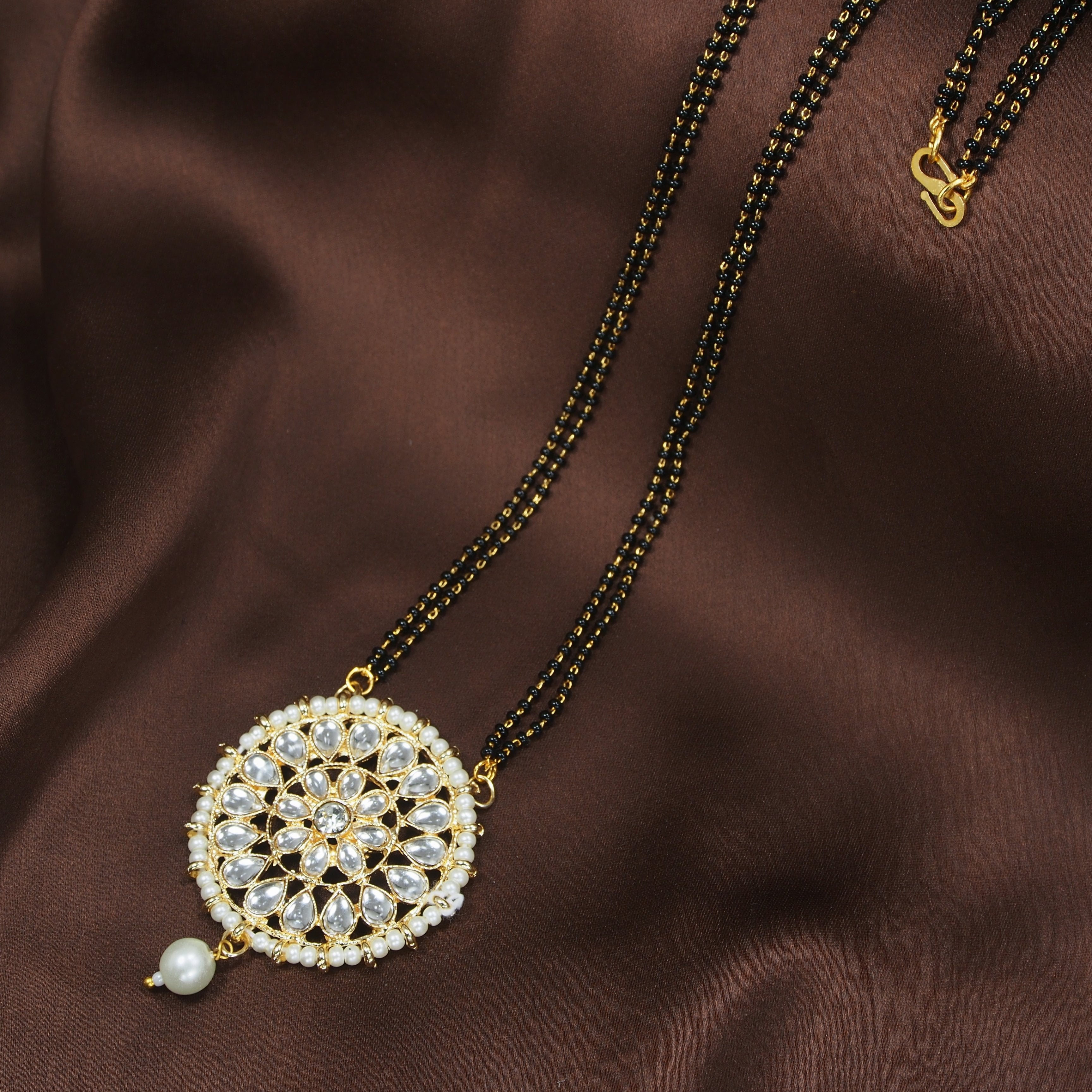 Women's 18k Gold Plated Traditional Pearl Kundan Studded Pendant Mangalsutra
