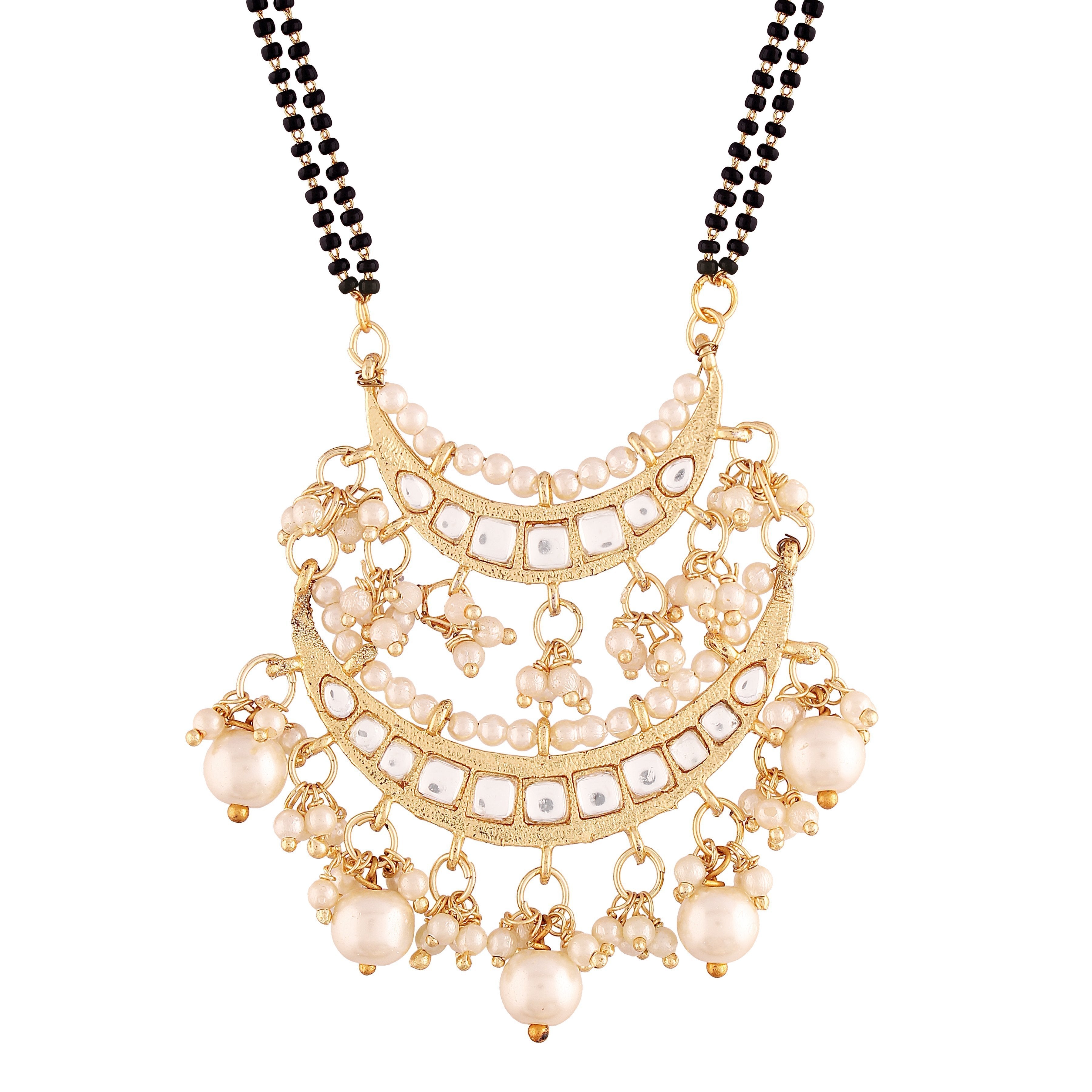 Women's 18k Gold Plated Traditional Pearl Kundan Studded Pendant Mangalsutra