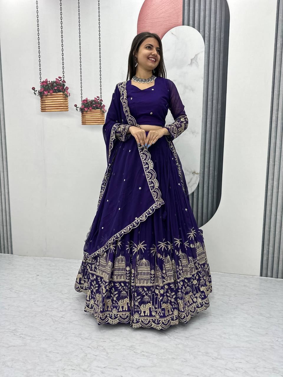 Women's Blue Georgette Embroidery Lehenga Set - Harvi Trendz