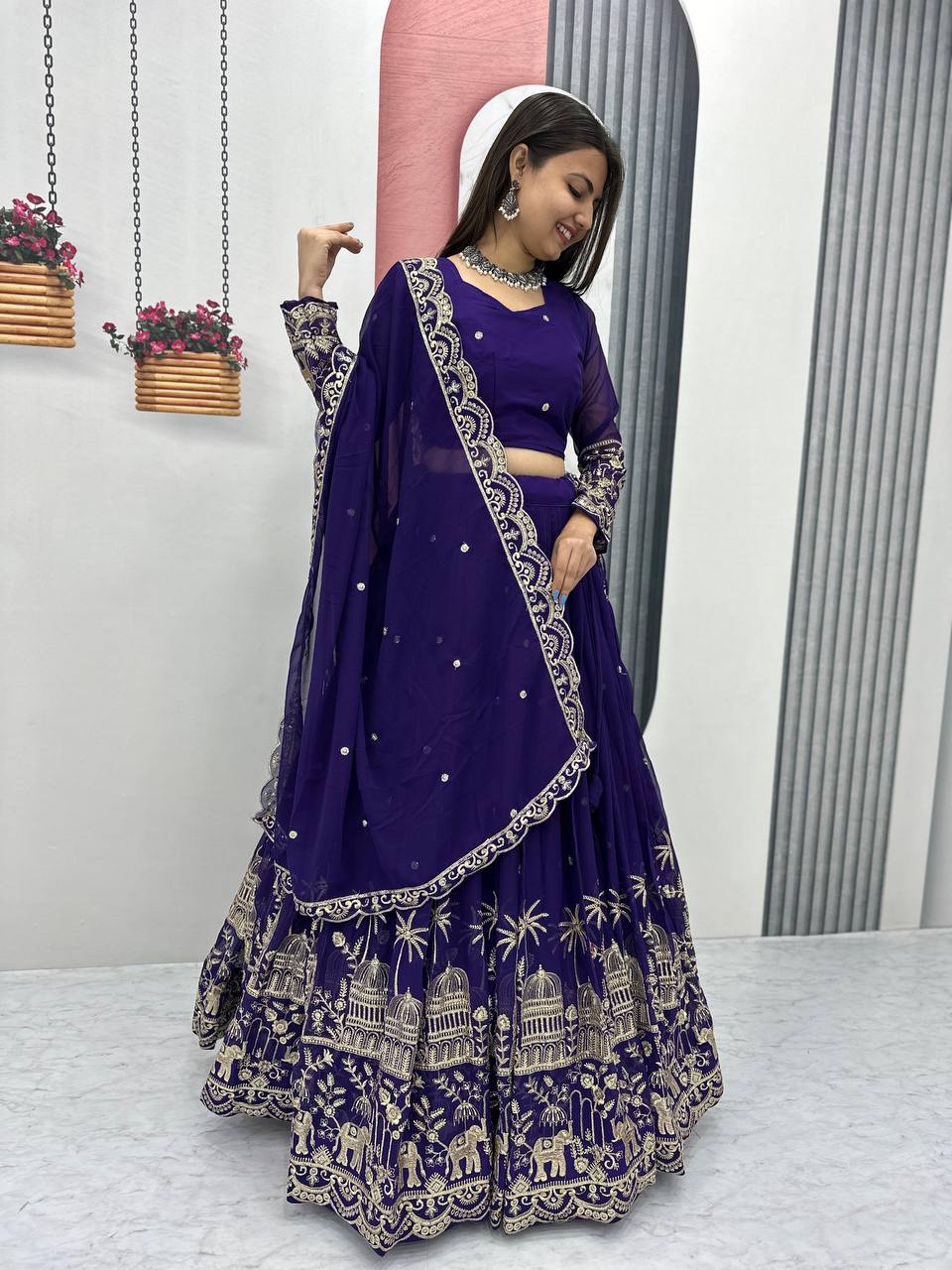 Women's Blue Georgette Embroidery Lehenga Set - Harvi Trendz