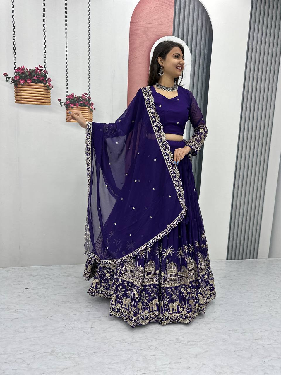 Women's Blue Georgette Embroidery Lehenga Set - Harvi Trendz