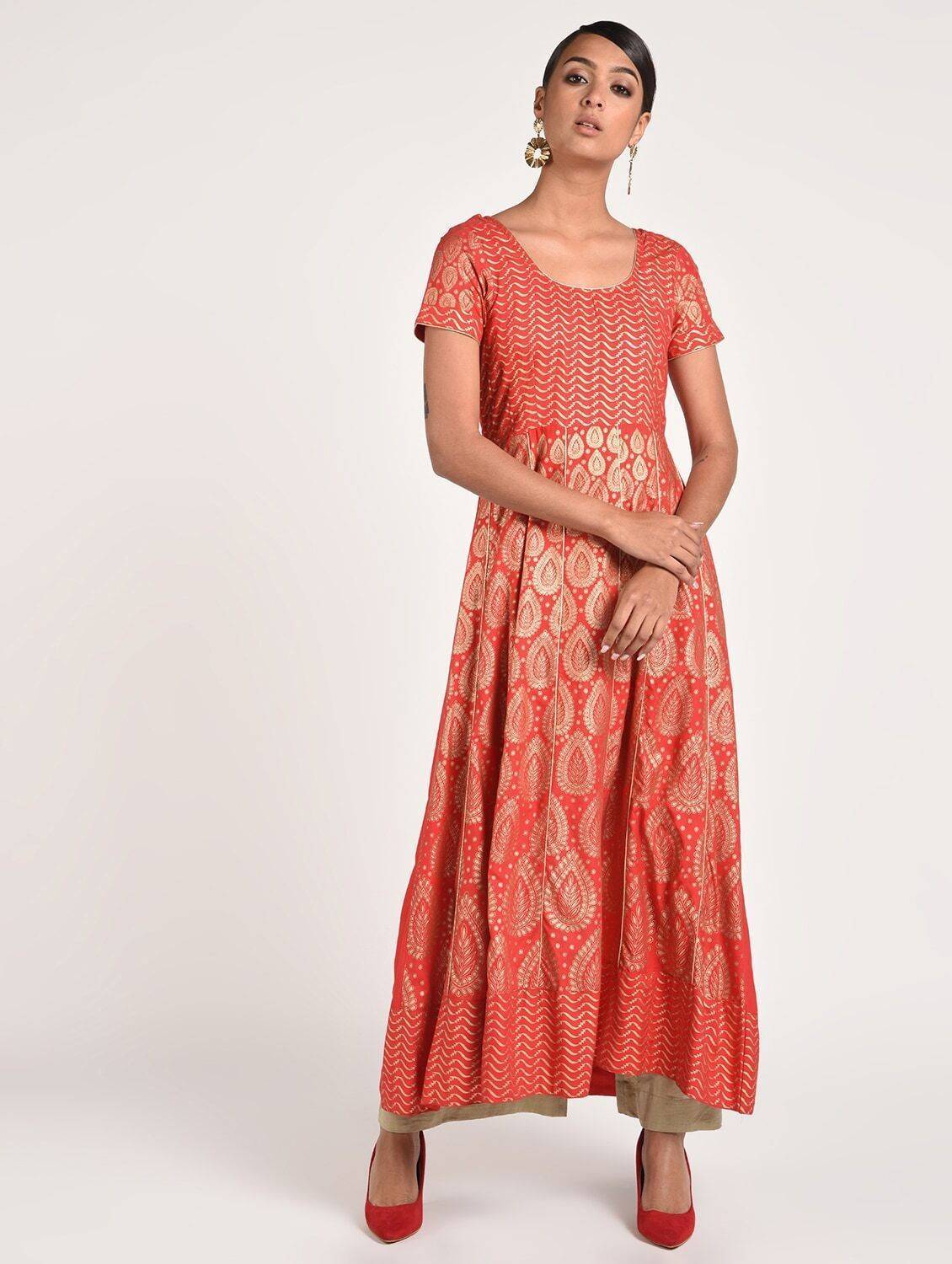 Women's Red Rayon Fancy Full Ghera Party Wear Anarkali Kurta Only - Final Clearance Sale