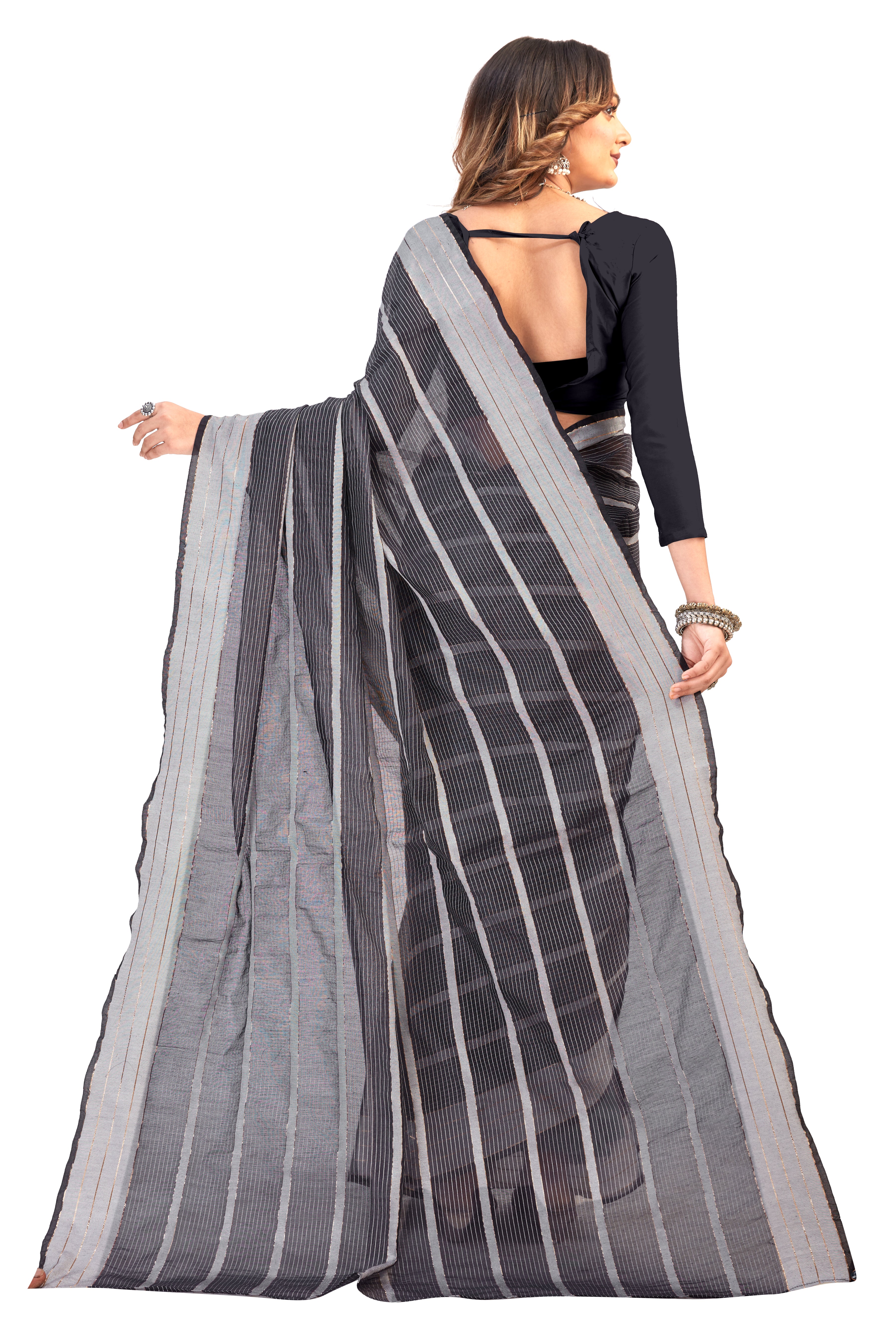Women's Solid Self woven Striped Daily Wear Formal Cotton Bleand Saree With Blouse Piece (Black) - NIMIDHYA