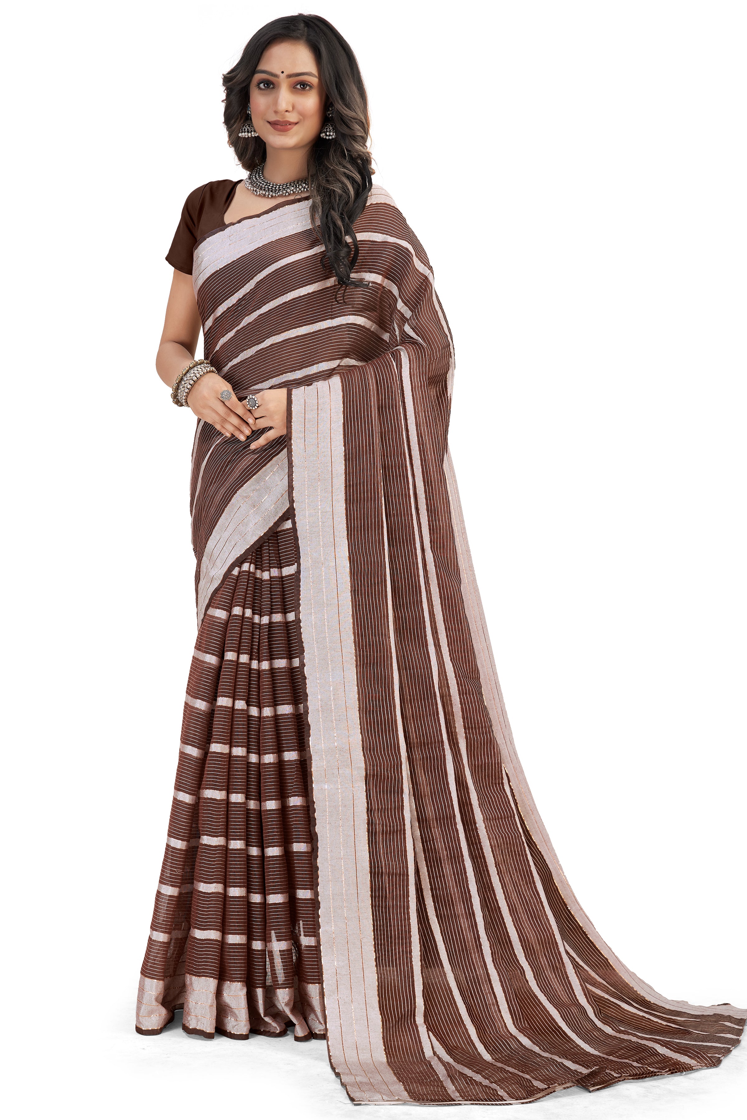 Women's Solid Self woven Striped Daily Wear Formal Cotton Bleand Saree With Blouse Piece (Coffee Brown) - NIMIDHYA