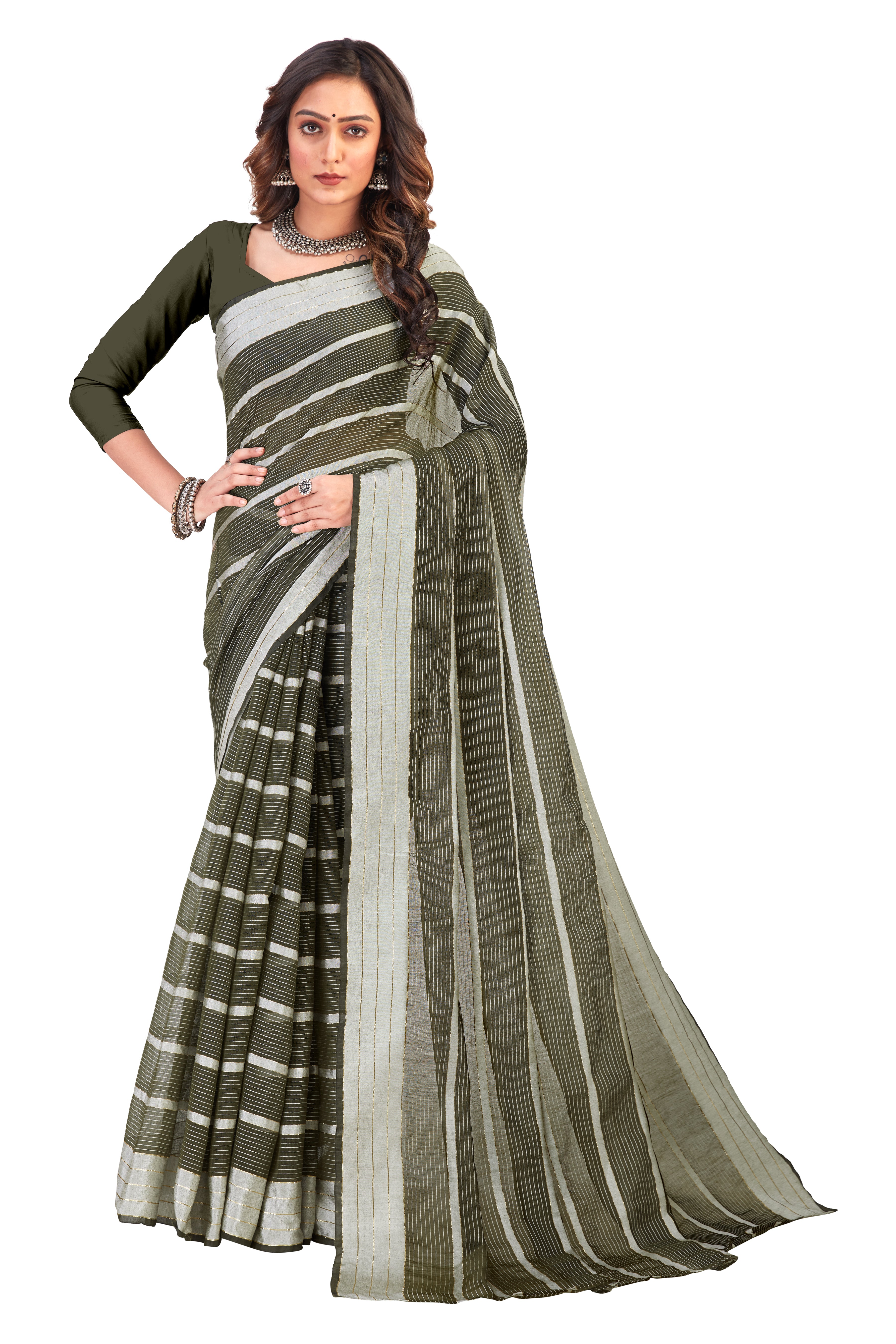 Women's Solid Self woven Striped Daily Wear Formal Cotton Bleand Saree With Blouse Piece (Mehandi Green) - NIMIDHYA