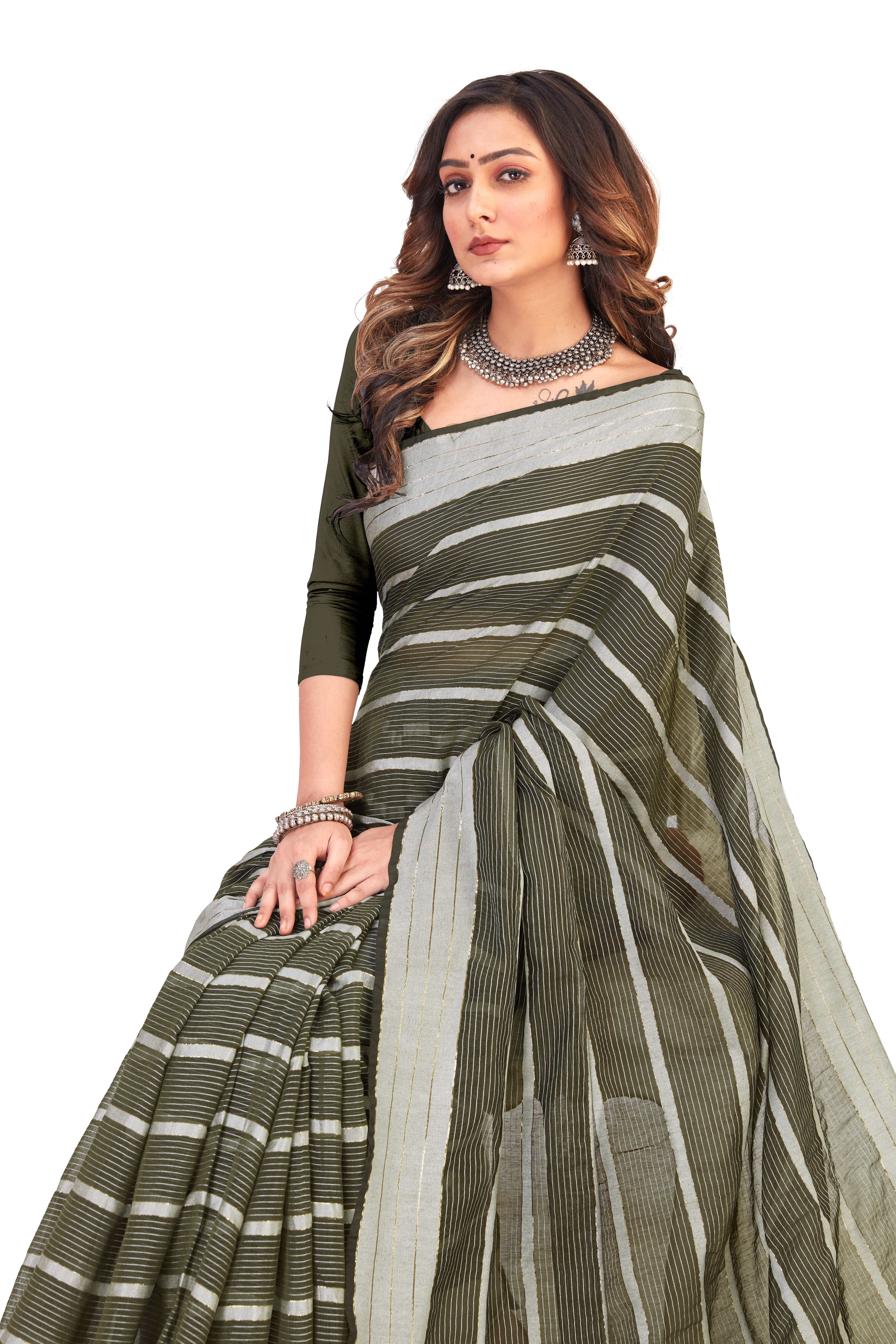 Women's Solid Self woven Striped Daily Wear Formal Cotton Bleand Saree With Blouse Piece (Mehandi Green) - NIMIDHYA