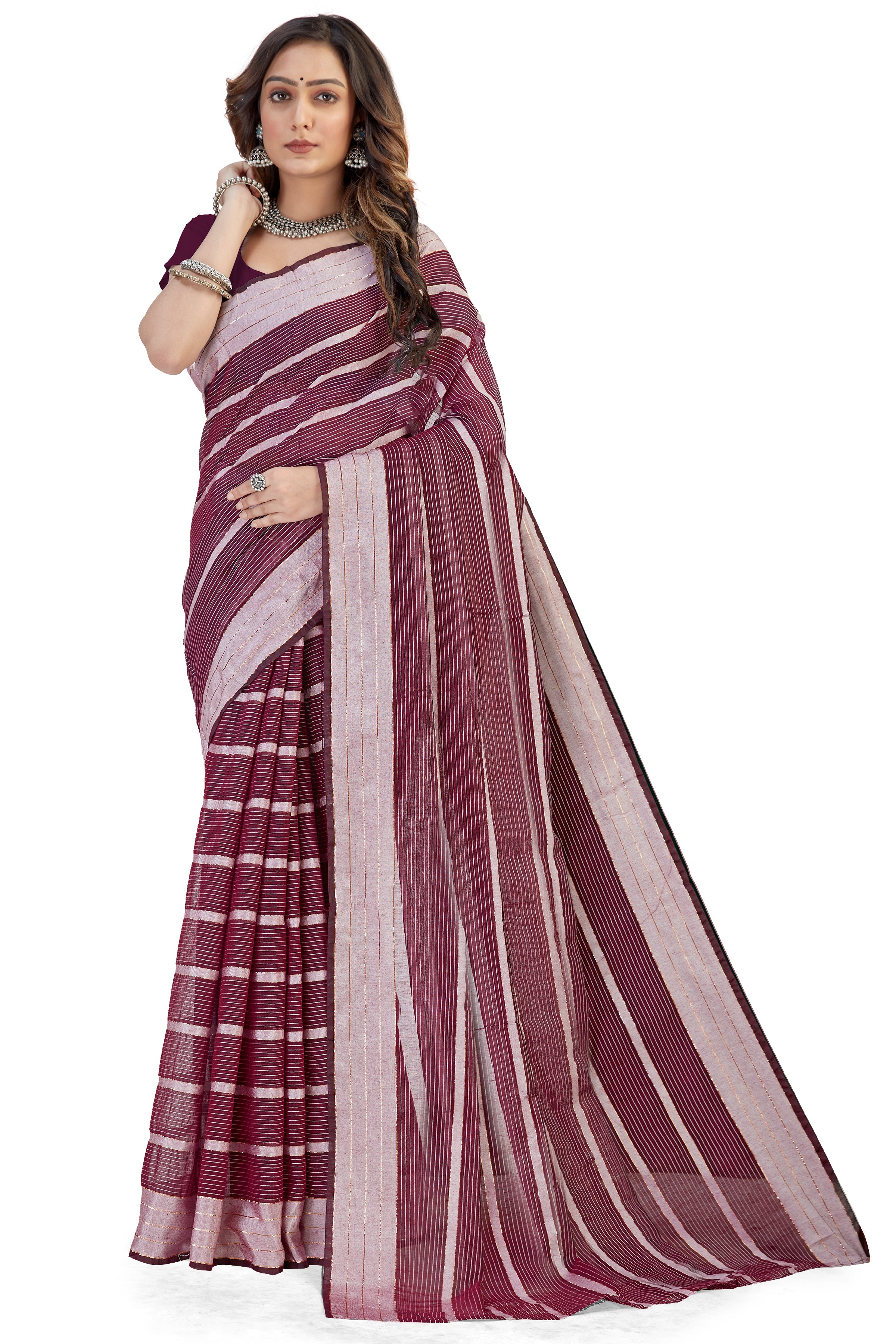 Women's Solid Self woven Striped Daily Wear Formal Cotton Bleand Saree With Blouse Piece (Purple) - NIMIDHYA