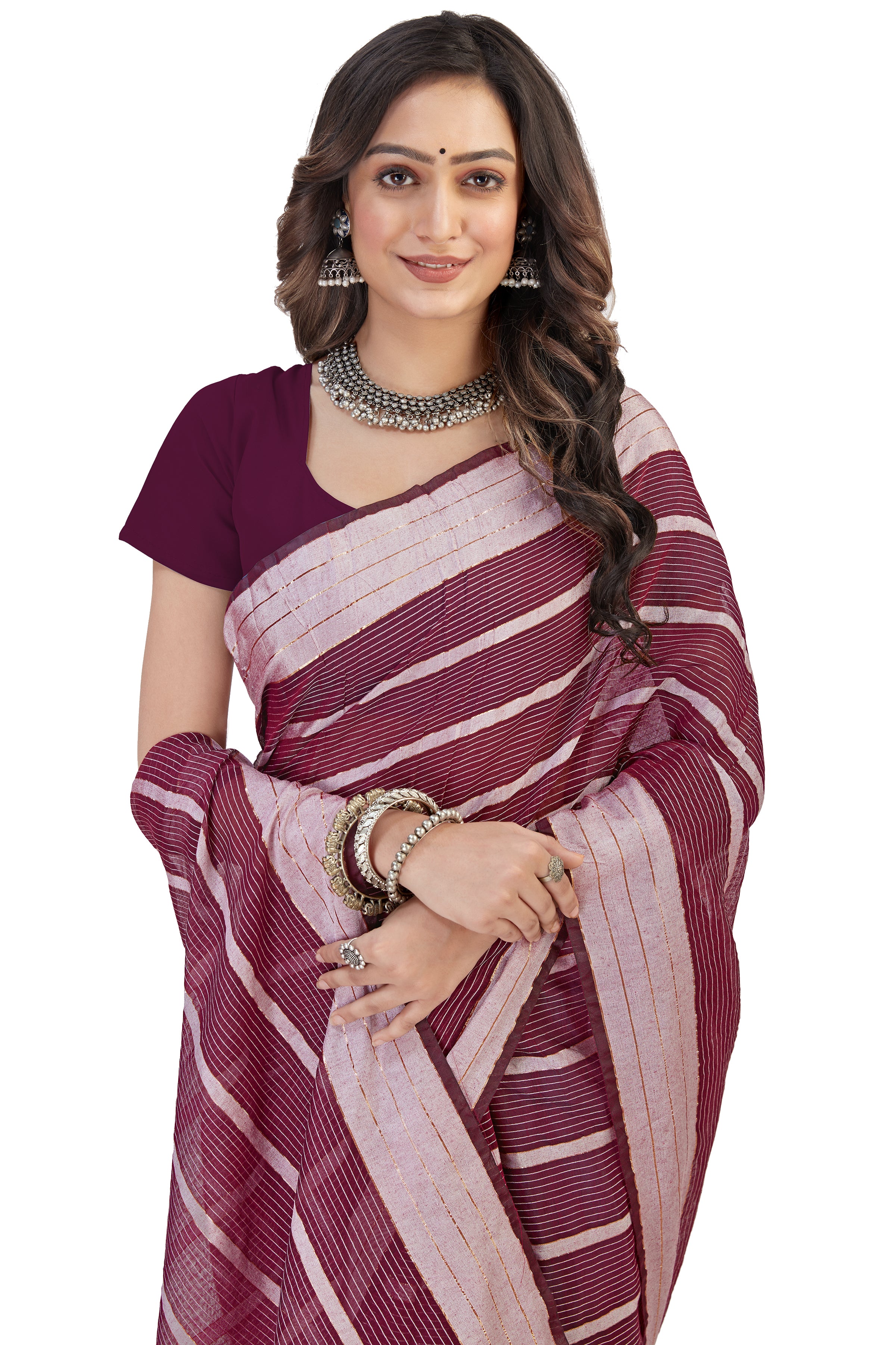 Women's Solid Self woven Striped Daily Wear Formal Cotton Bleand Saree With Blouse Piece (Purple) - NIMIDHYA