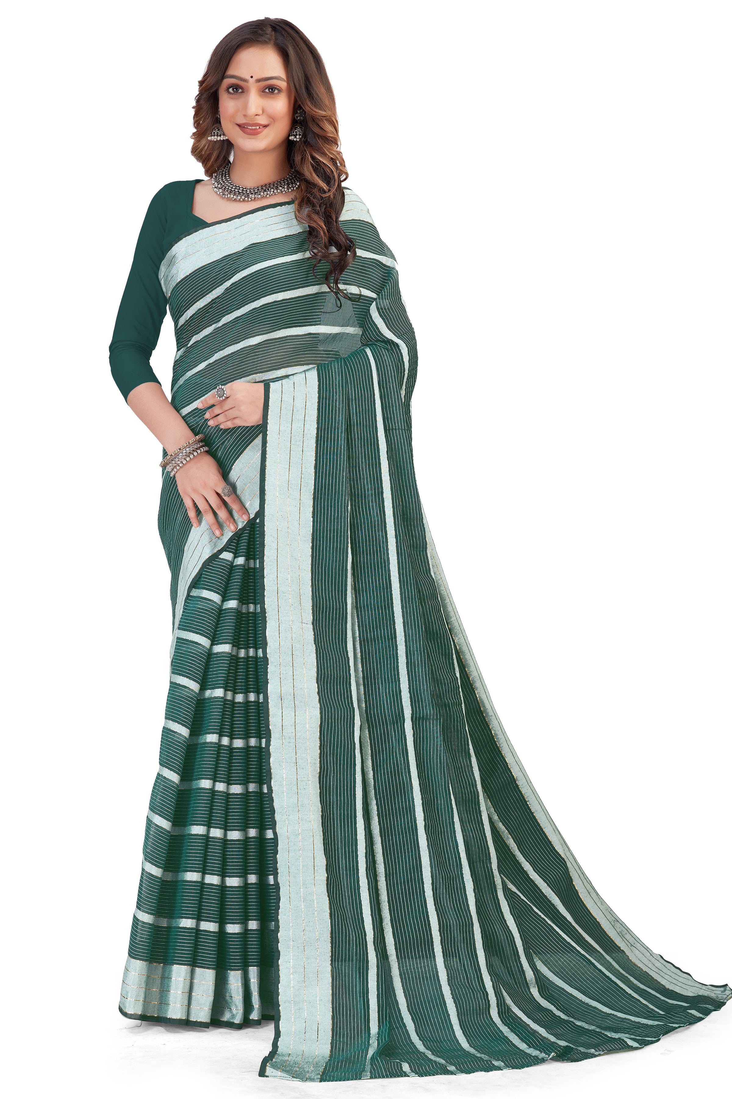 Women's Solid Self woven Striped Daily Wear Formal Cotton Bleand Saree With Blouse Piece (Rama) - NIMIDHYA