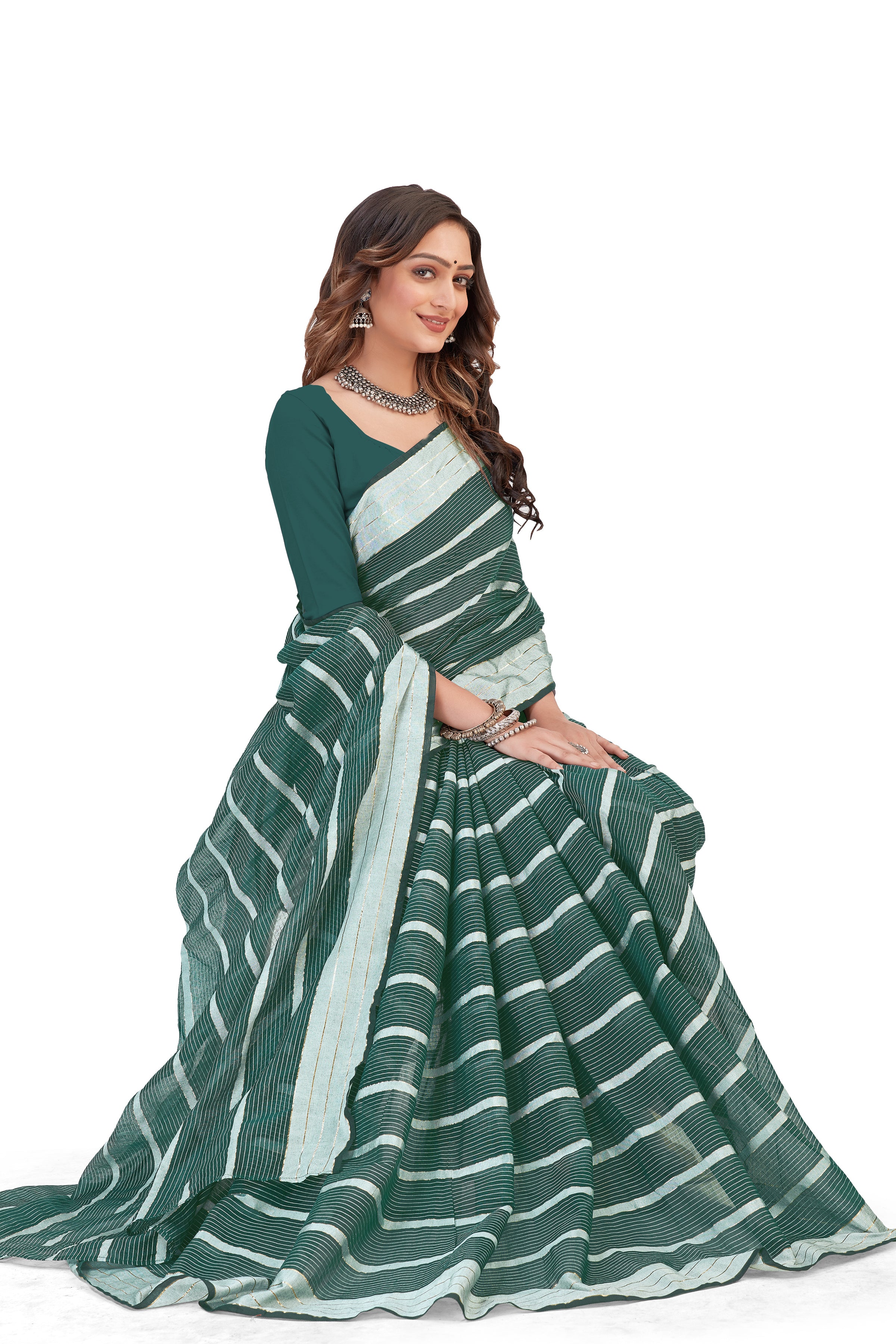 Women's Solid Self woven Striped Daily Wear Formal Cotton Bleand Saree With Blouse Piece (Rama) - NIMIDHYA