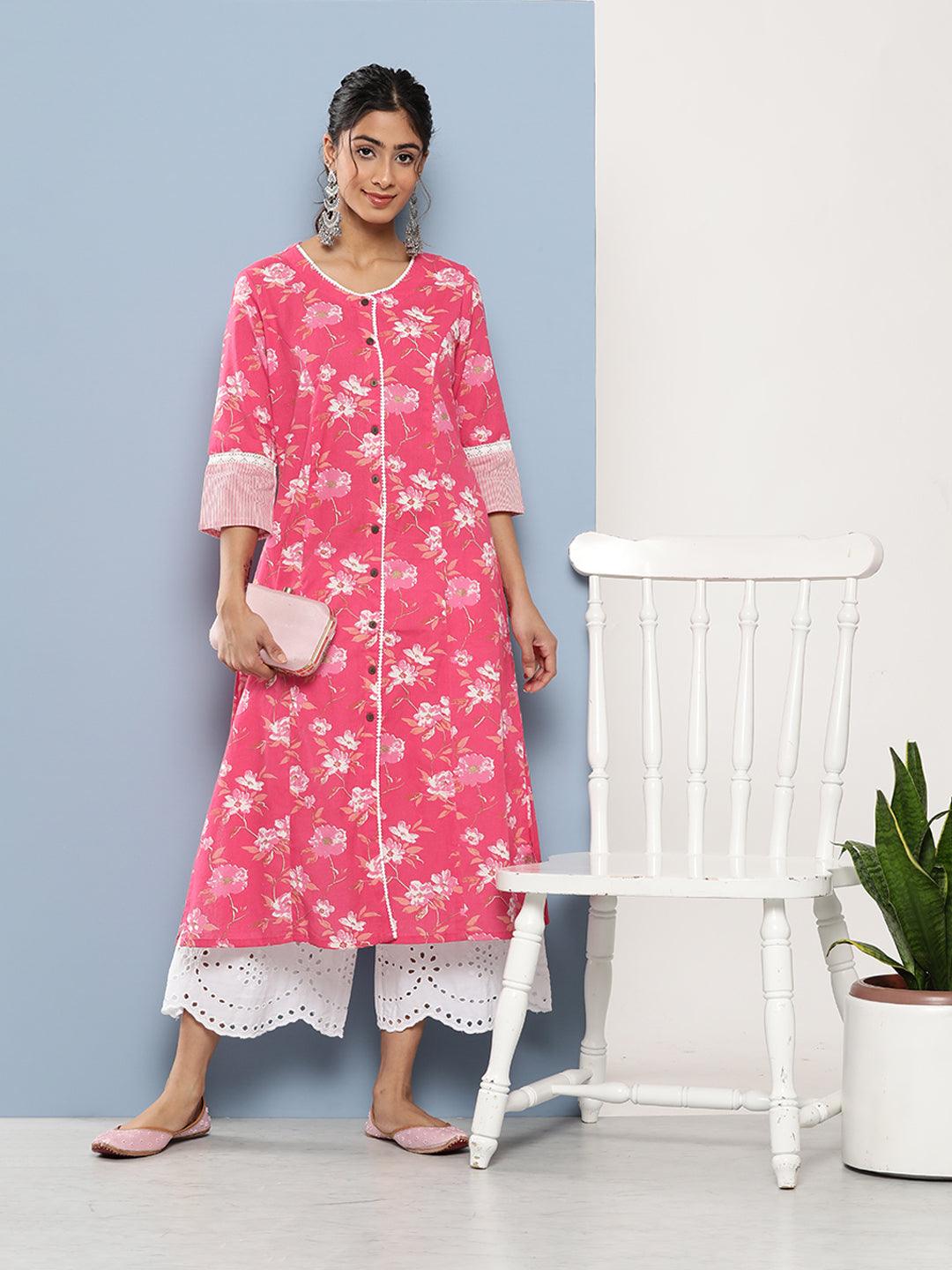 Women's Pink Floral cotton flex A-Line Kurta - Taantav