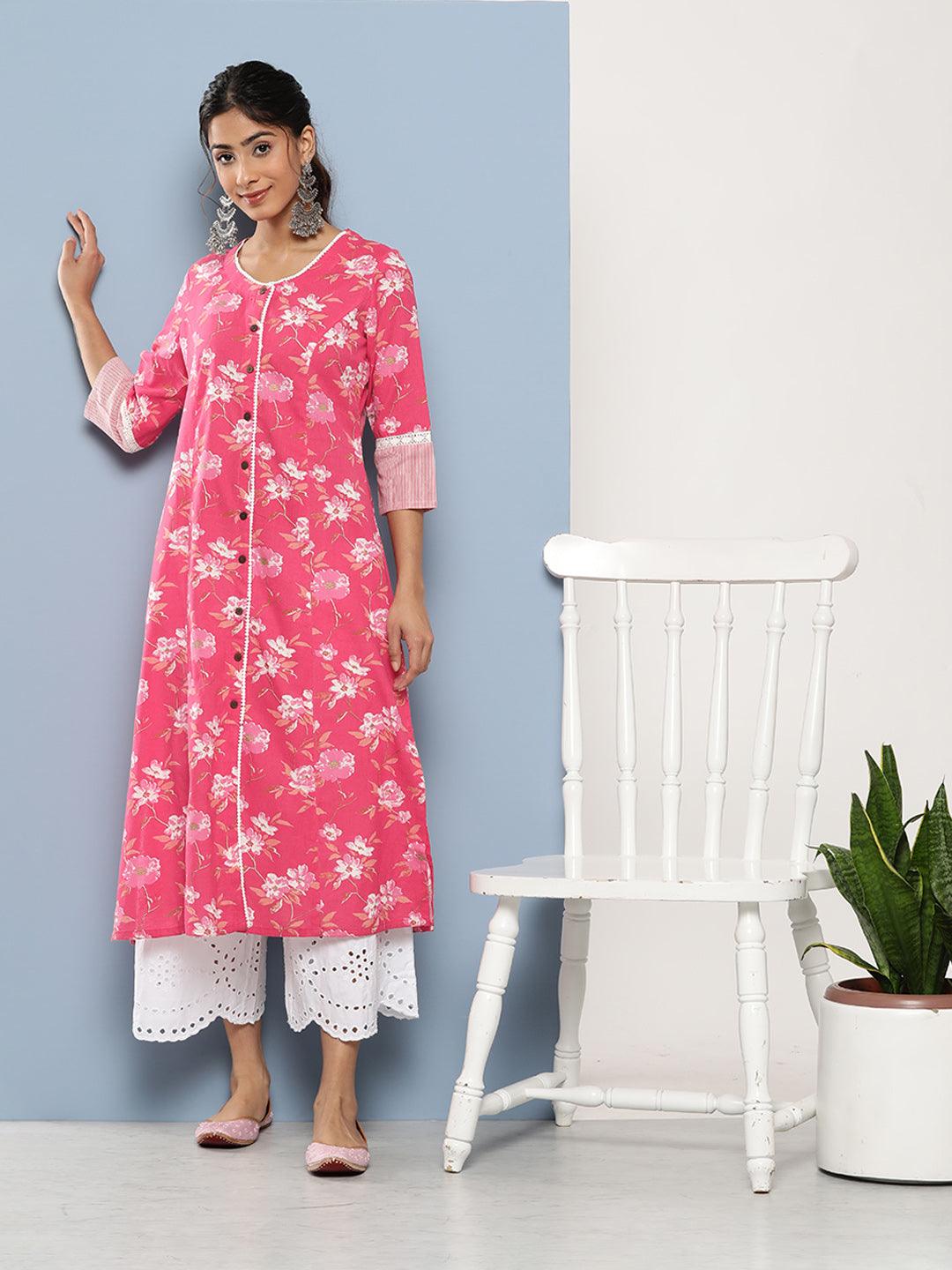 Women's Pink Floral cotton flex A-Line Kurta - Taantav