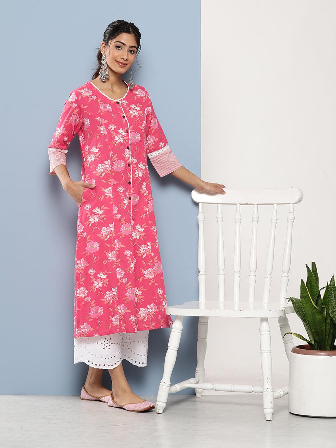 Women's Pink Floral cotton flex A-Line Kurta - Taantav