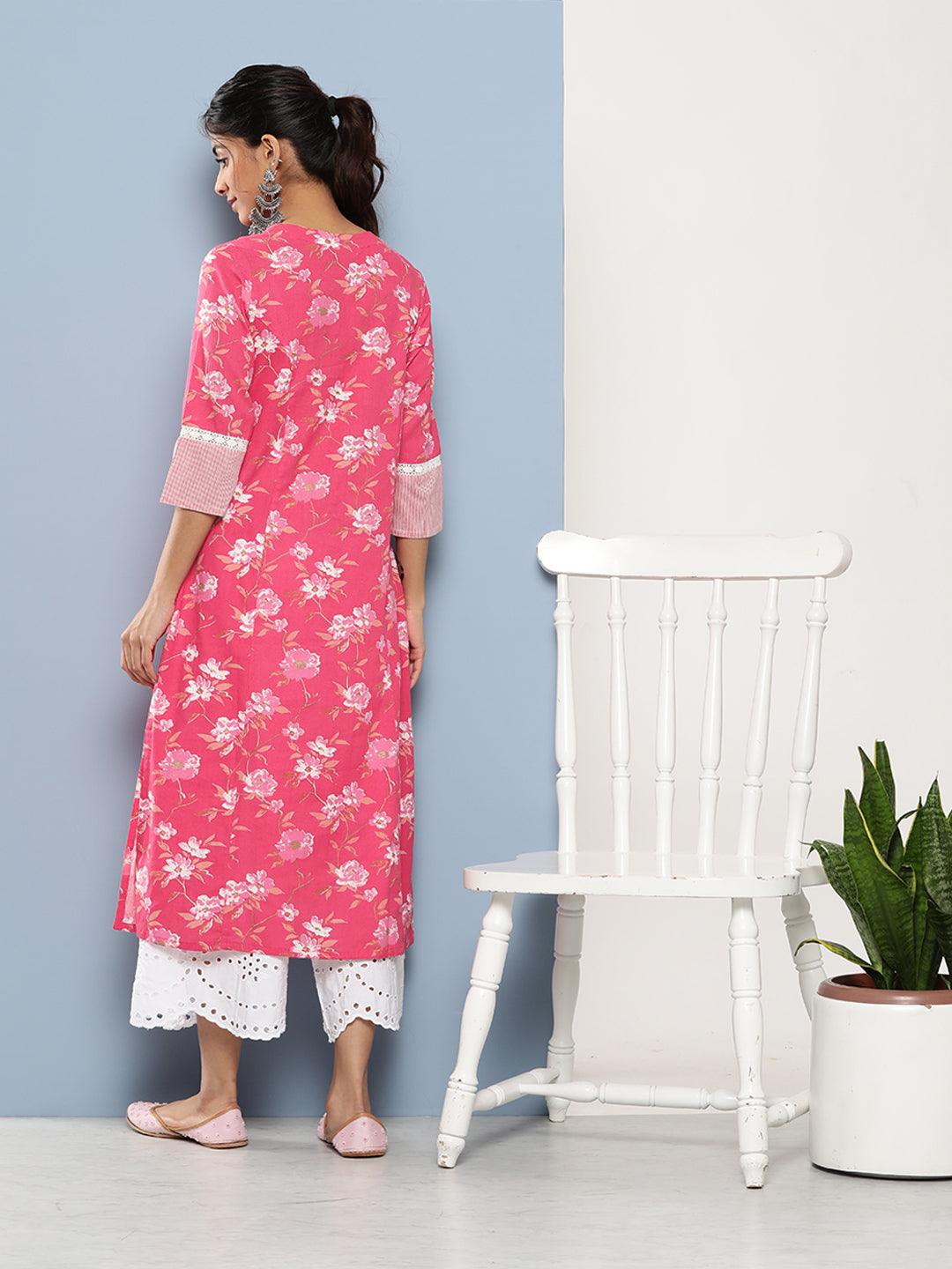 Women's Pink Floral cotton flex A-Line Kurta - Taantav