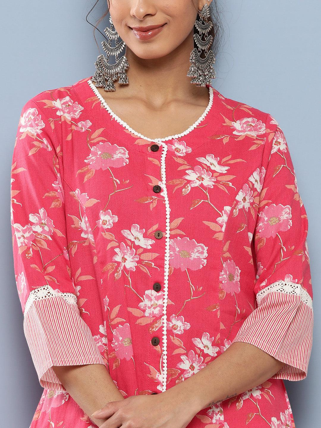 Women's Pink Floral cotton flex A-Line Kurta - Taantav