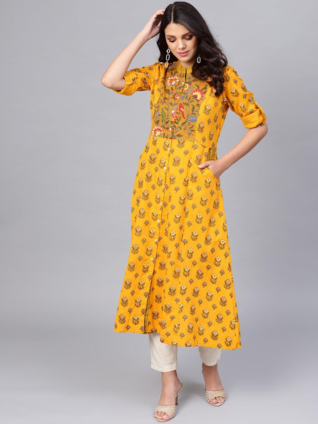 Women's Yellow Printed Long Kurta - Taantav